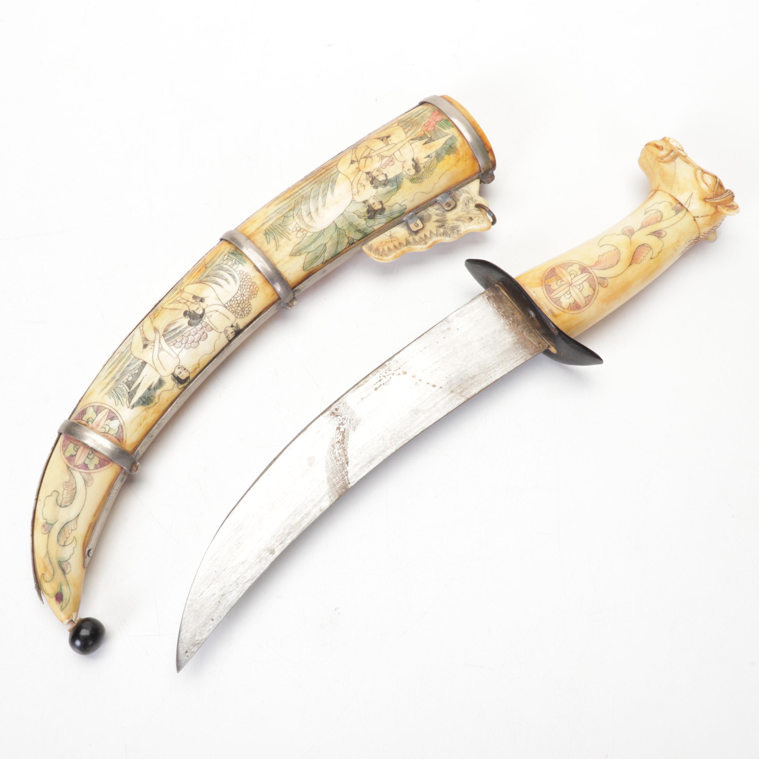 Chinese Scrimshaw Bone Dagger, Sheath and Wooden Abacus in Case