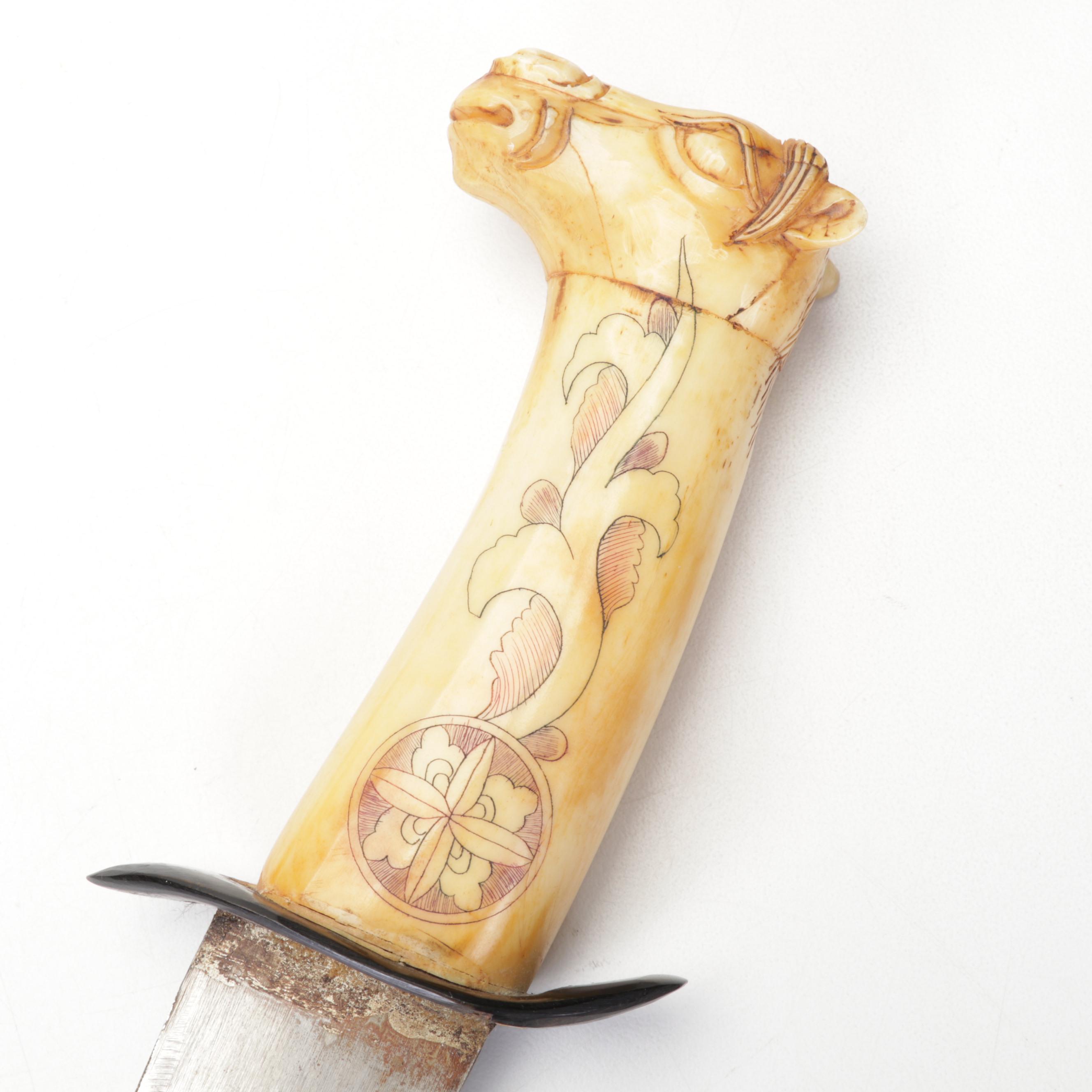 Chinese Scrimshaw Bone Dagger, Sheath and Wooden Abacus in Case