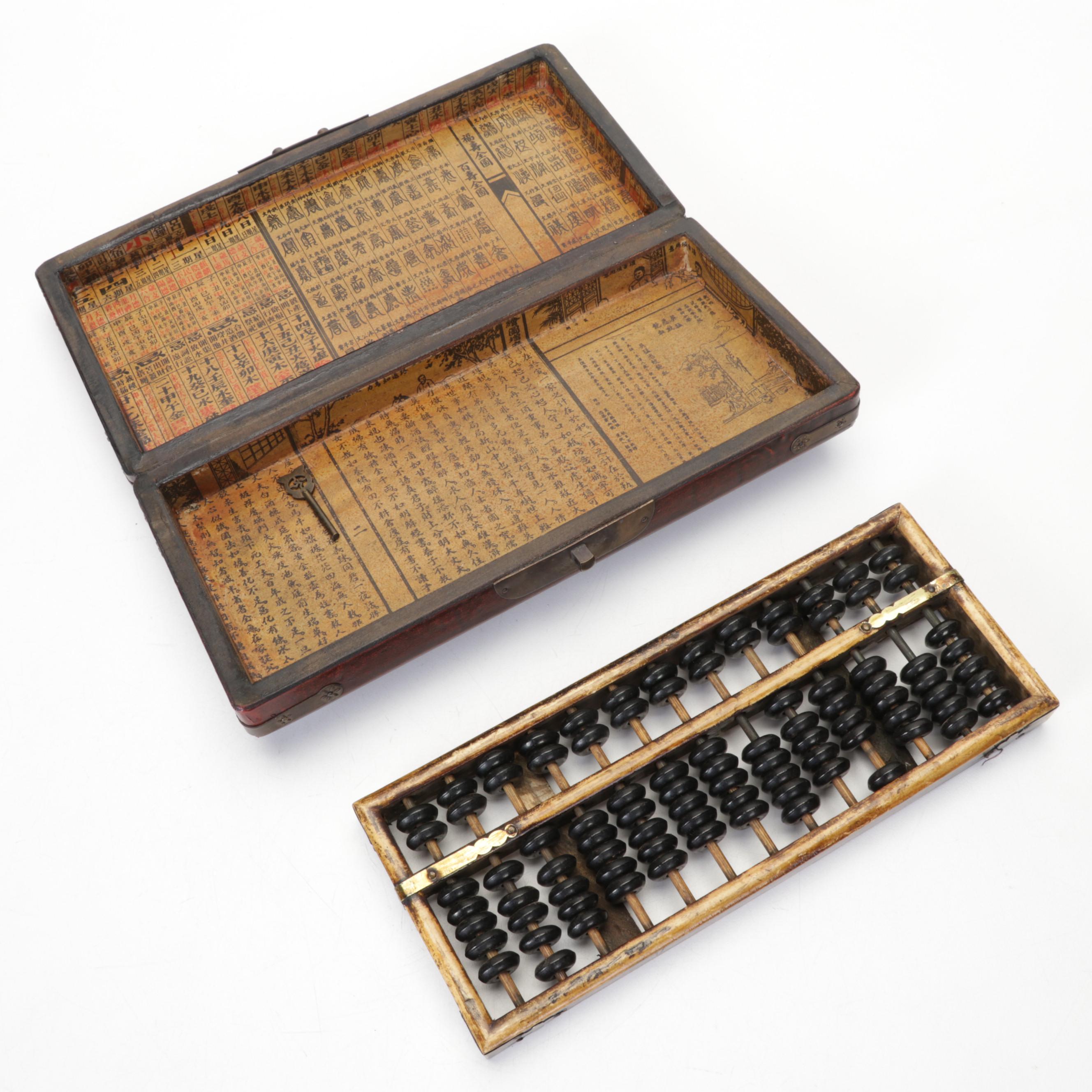 Chinese Scrimshaw Bone Dagger, Sheath and Wooden Abacus in Case