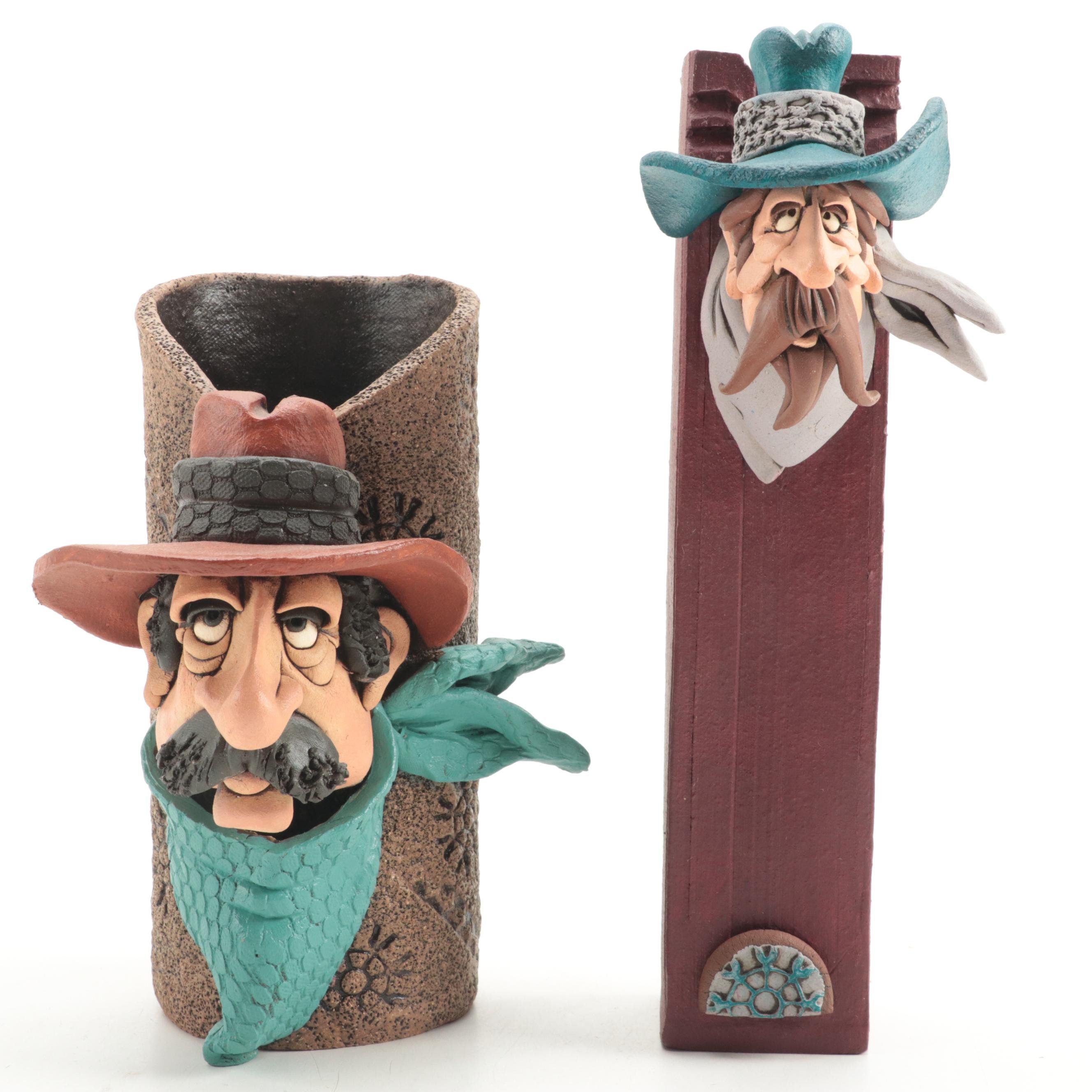 Signed Rex Benson Stoneware Cowboy Vase and Wall Pocket