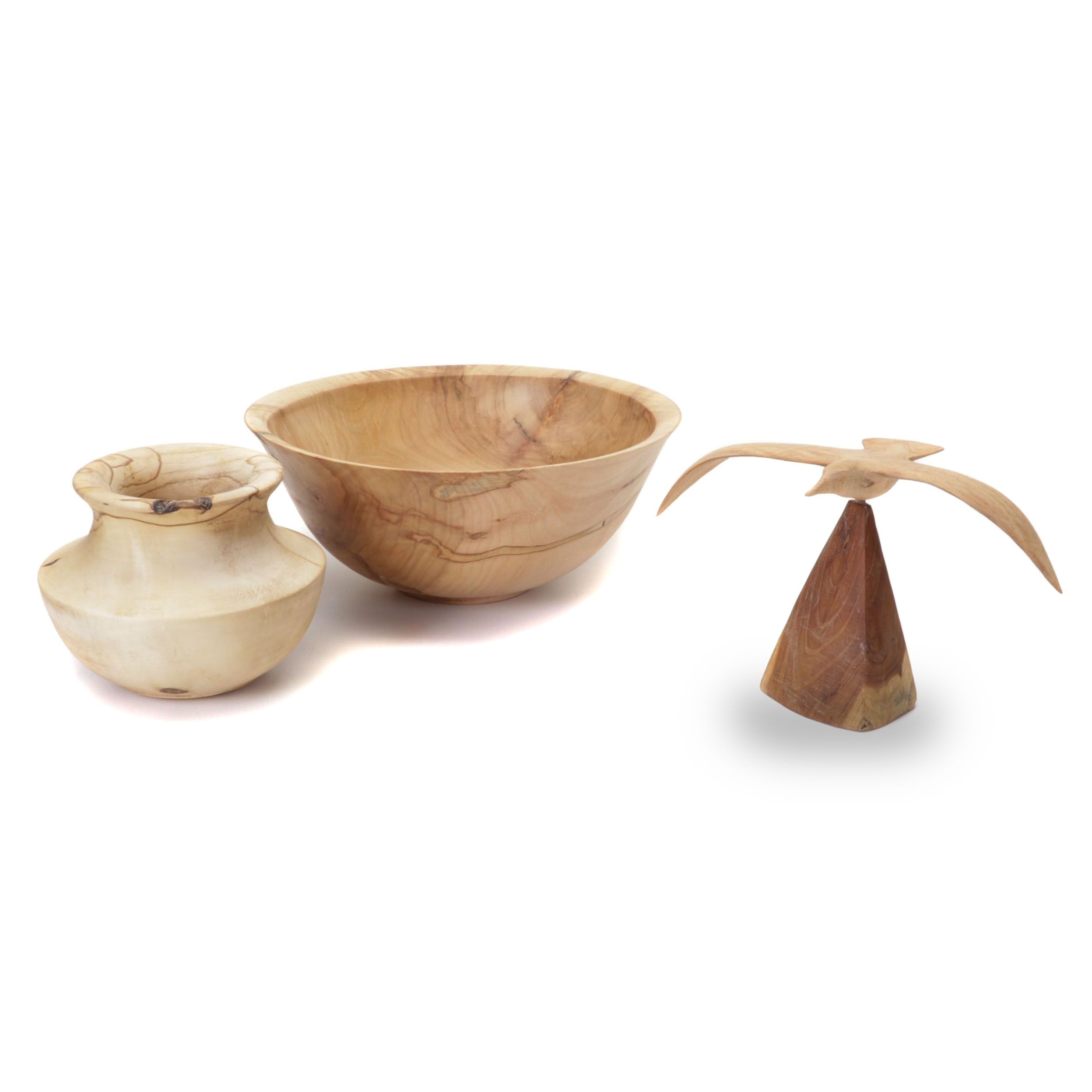 Jim Eliopulos Turned Maple Bowl, Box Elder Vase and Bird Sculpture