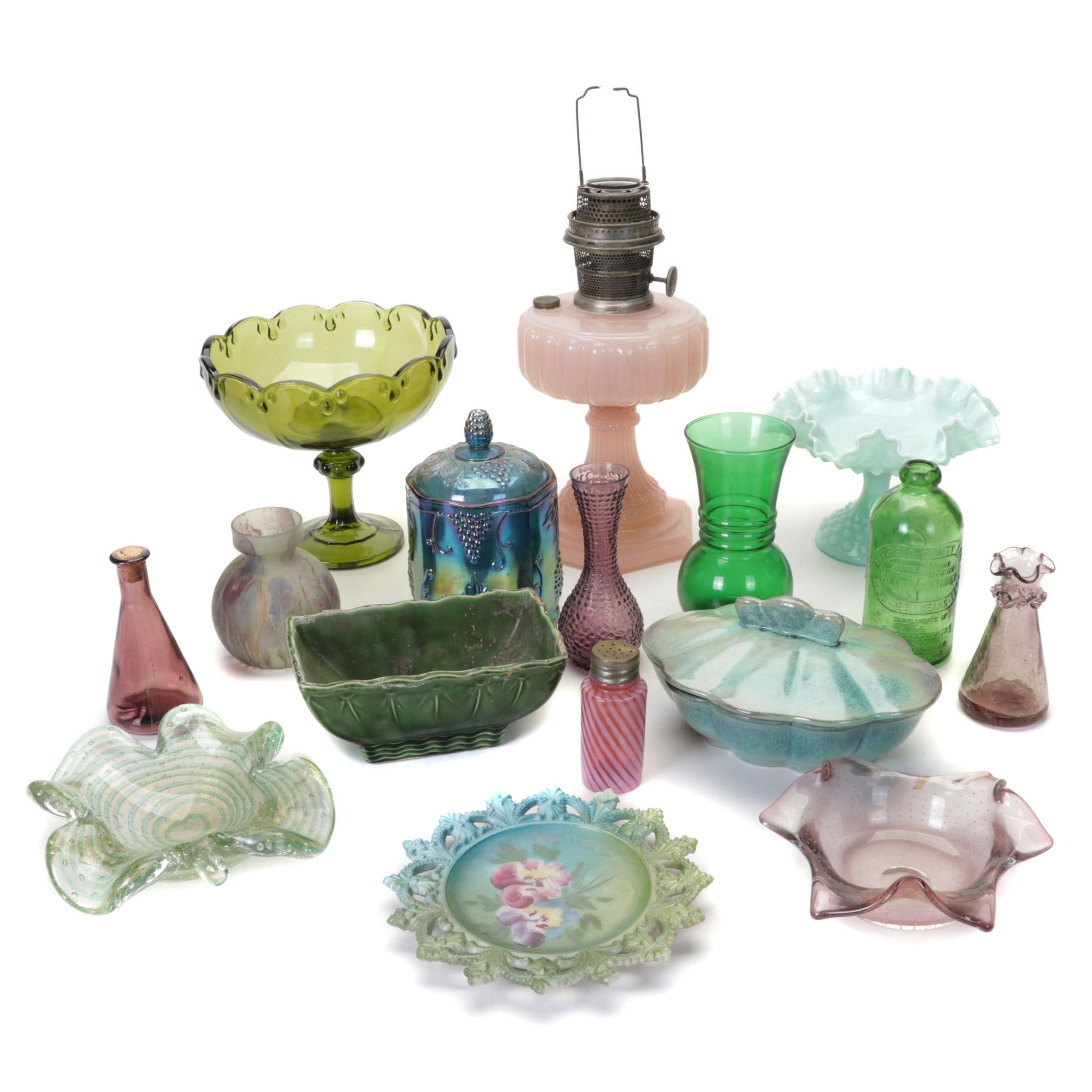 McCoy Planter, Carnival Glass Biscuit Jar, Aladdin Pink Glass Oil Lamp and More