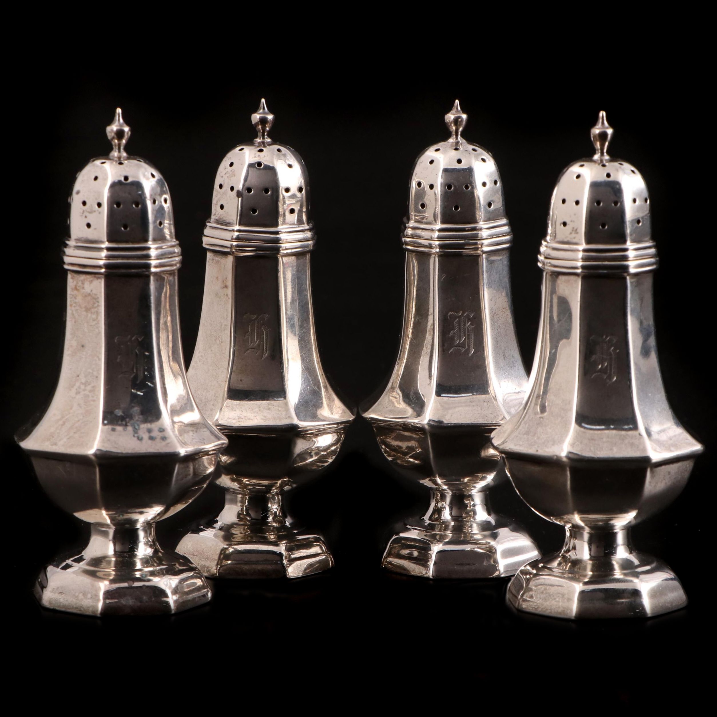Davis & Galt Sterling Silver Monogrammed Salt and Pepper Shakers, Late 19th C