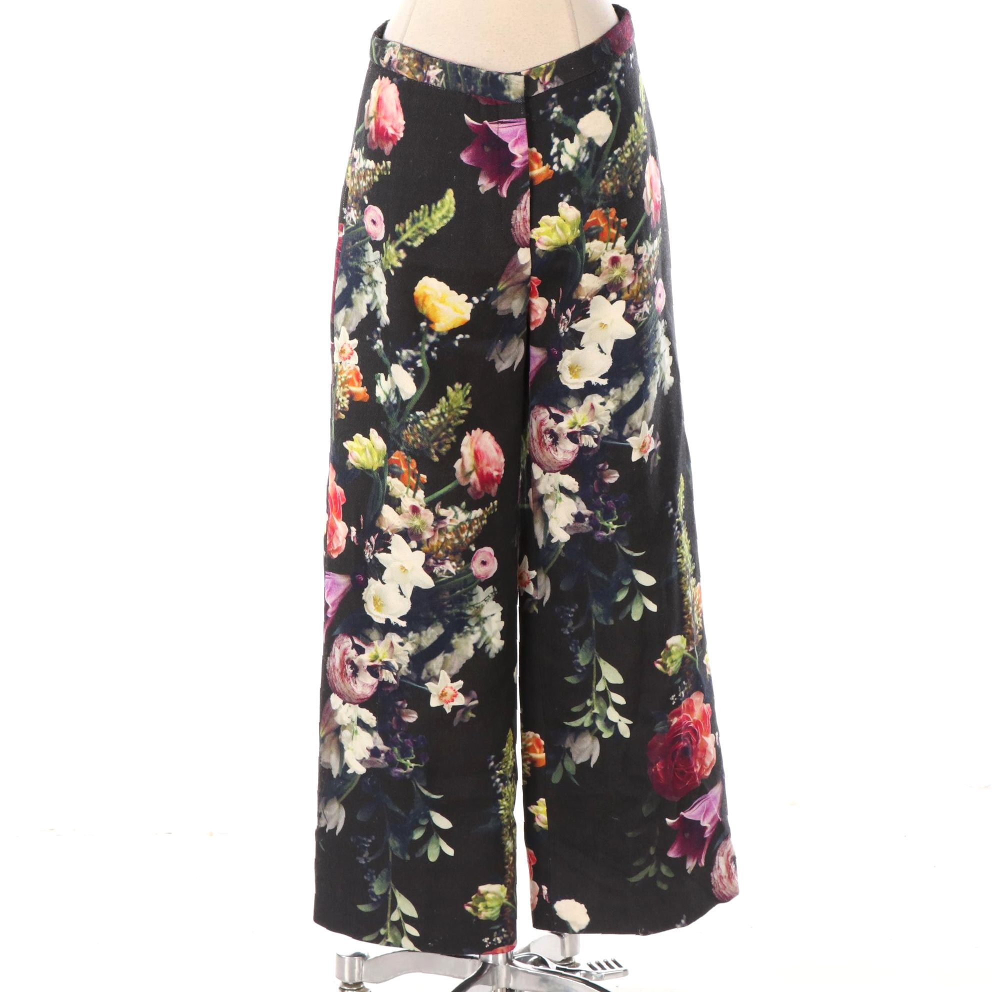 Adam Lippes Floral Print Wide-Leg Wool Trousers