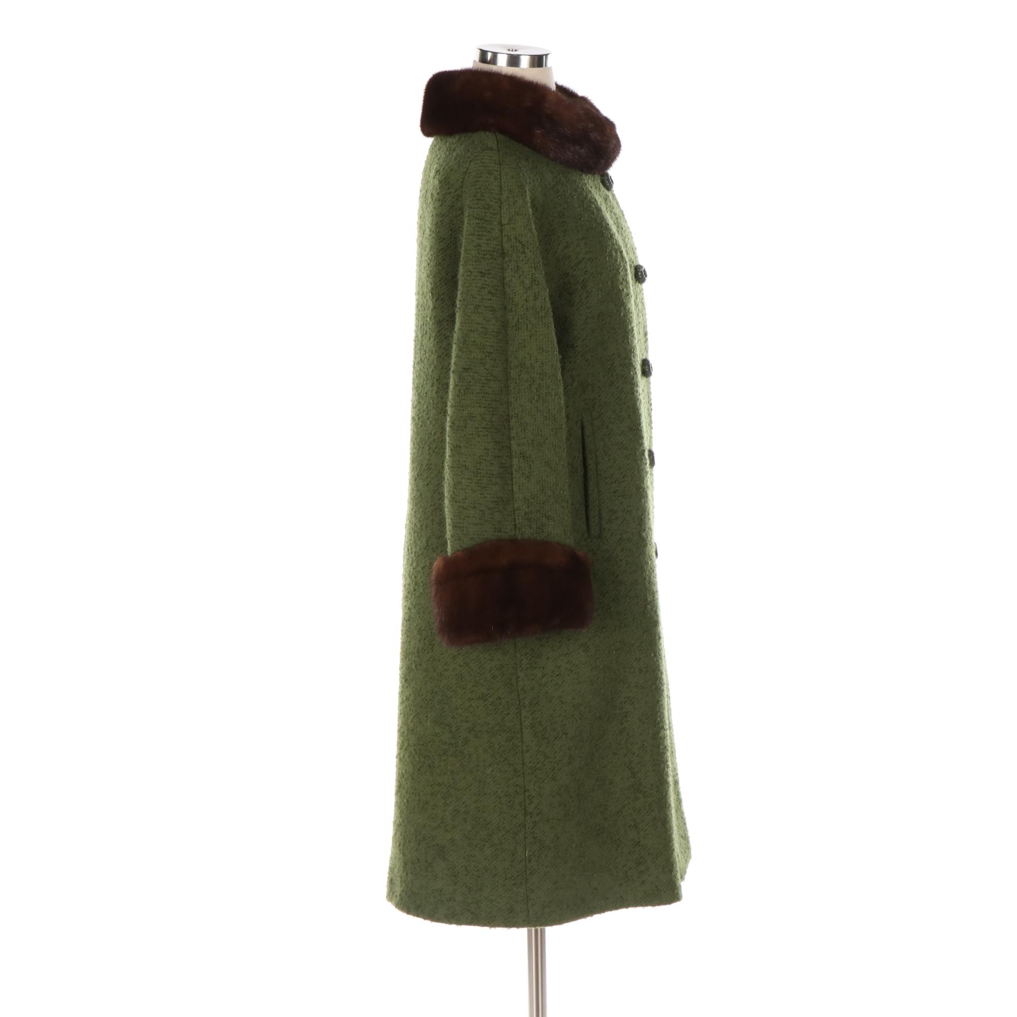 Parkmoor Green Textured Wool Coat with Mink Fur Trim, Mid-20th Century