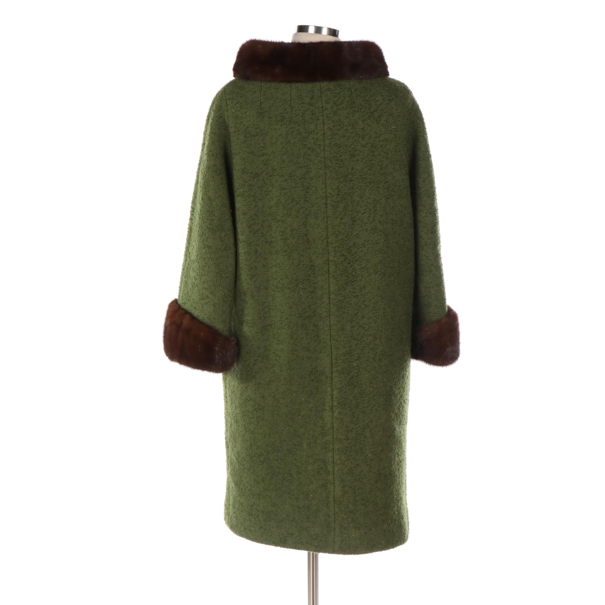 Parkmoor Green Textured Wool Coat with Mink Fur Trim, Mid-20th Century