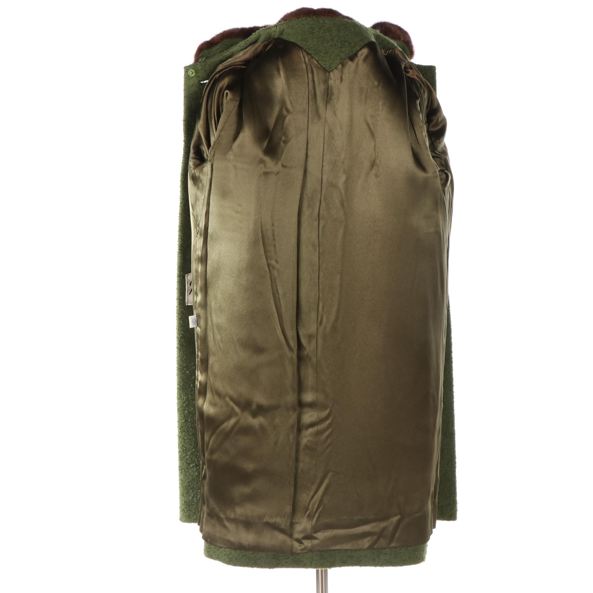 Parkmoor Green Textured Wool Coat with Mink Fur Trim, Mid-20th Century