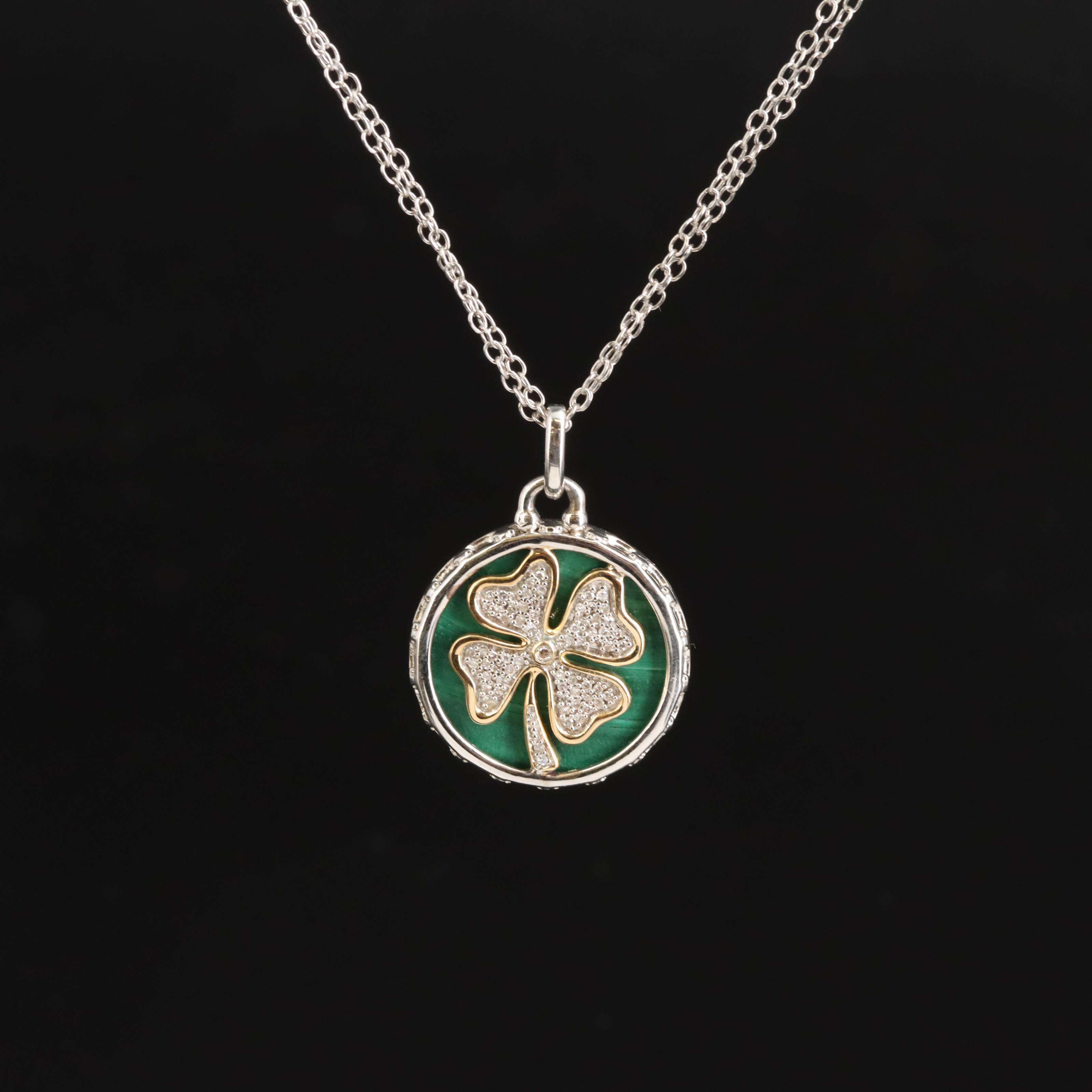 Sterling Malachite and Diamond Four Leaf Clover Pendant Necklace with 14K Accent