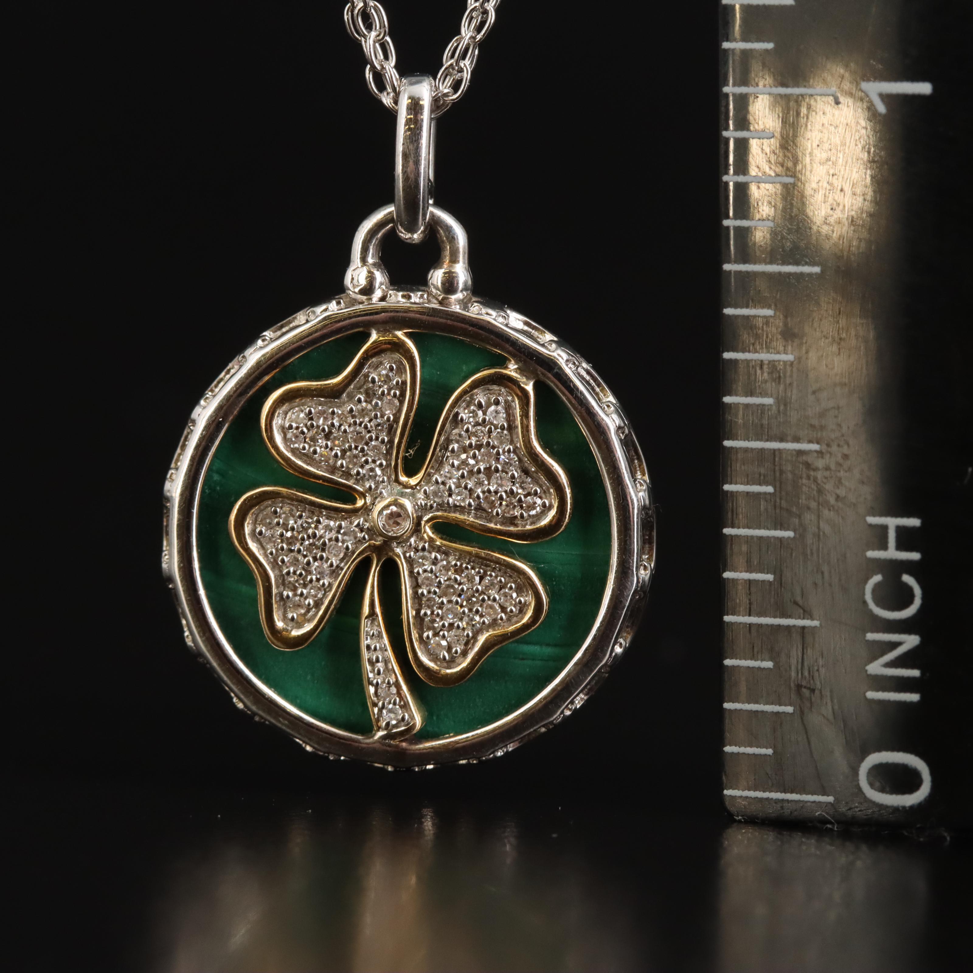Sterling Malachite and Diamond Four Leaf Clover Pendant Necklace with 14K Accent