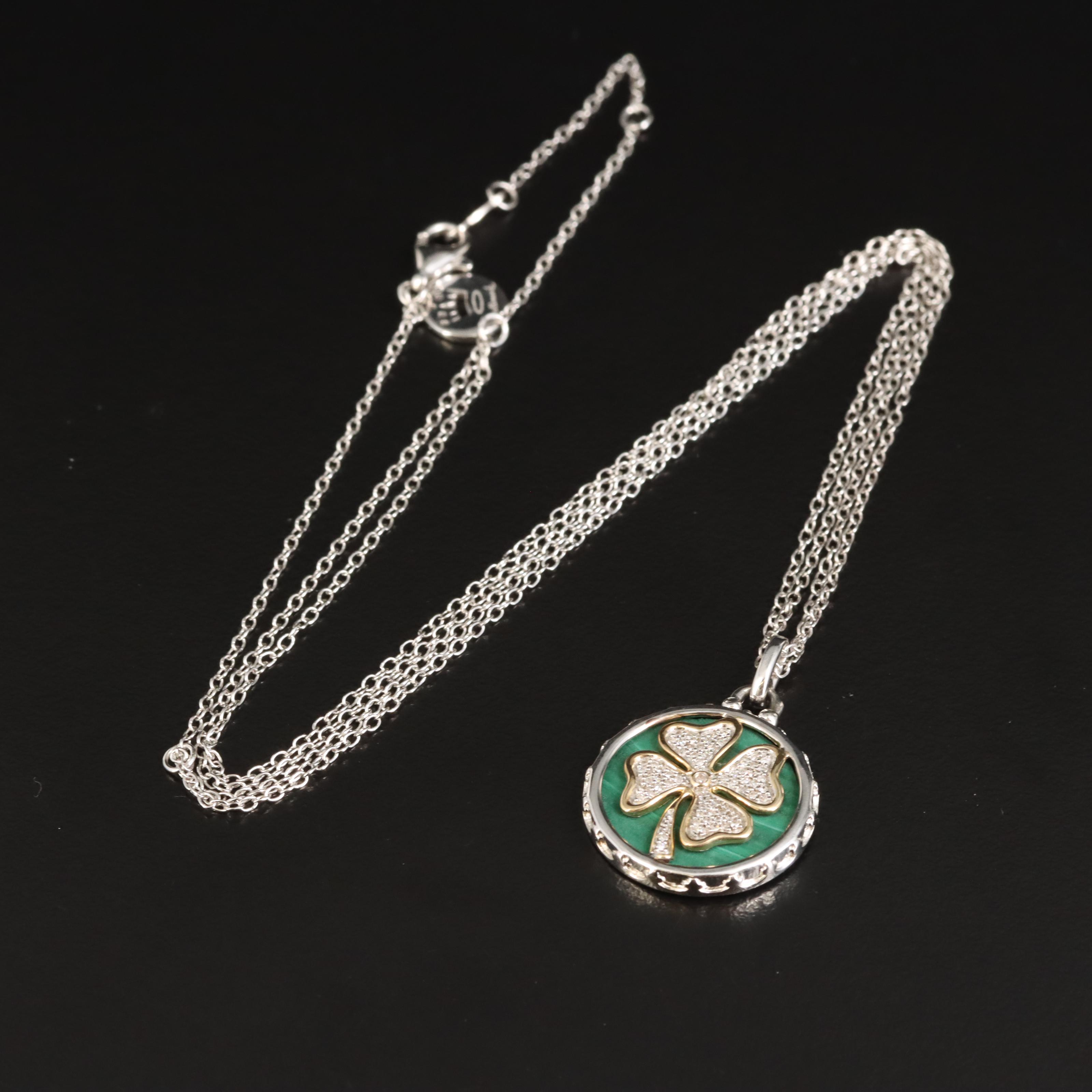 Sterling Malachite and Diamond Four Leaf Clover Pendant Necklace with 14K Accent