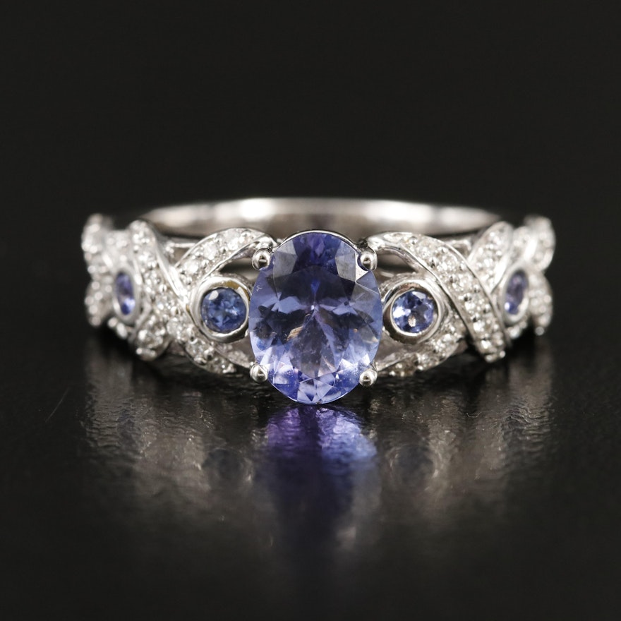 14K Tanzanite and Diamond Ring with "X" and "O" Shoulders