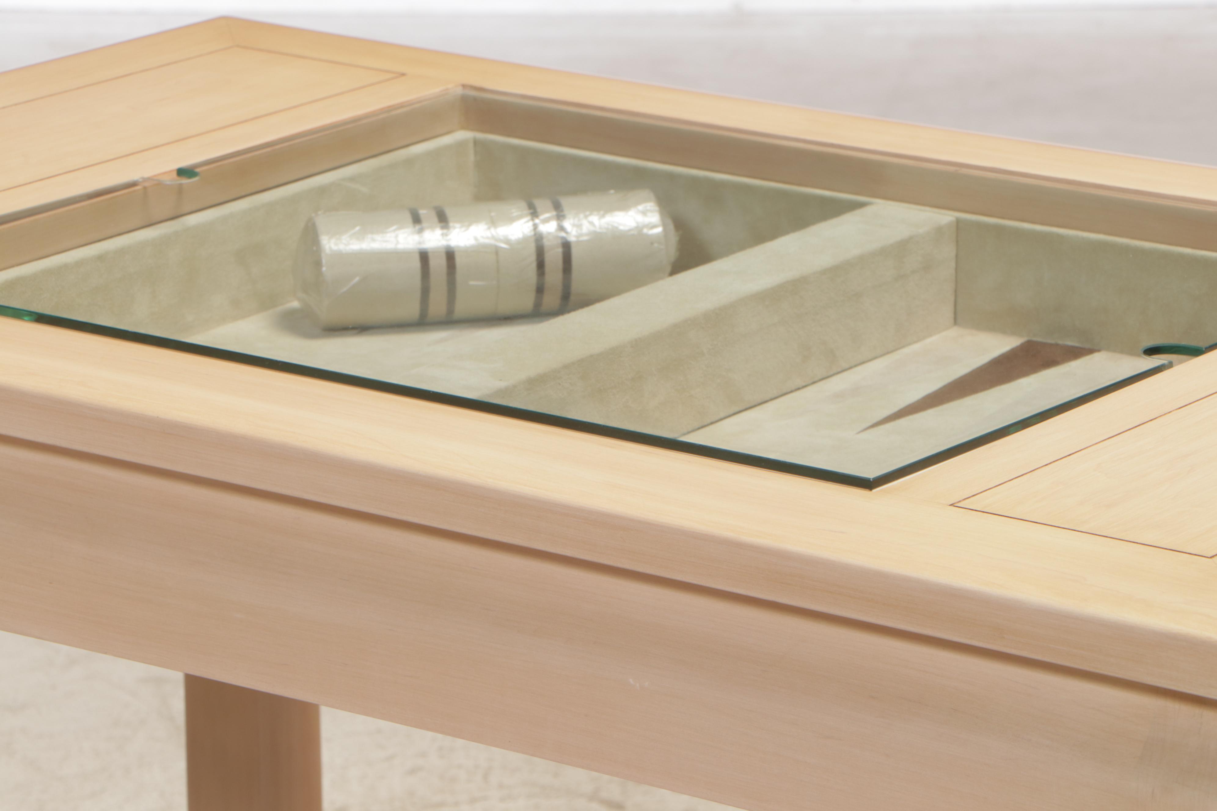 Chinese Style Blondewood and Glass Top Games Table with Leather Backgammon Board