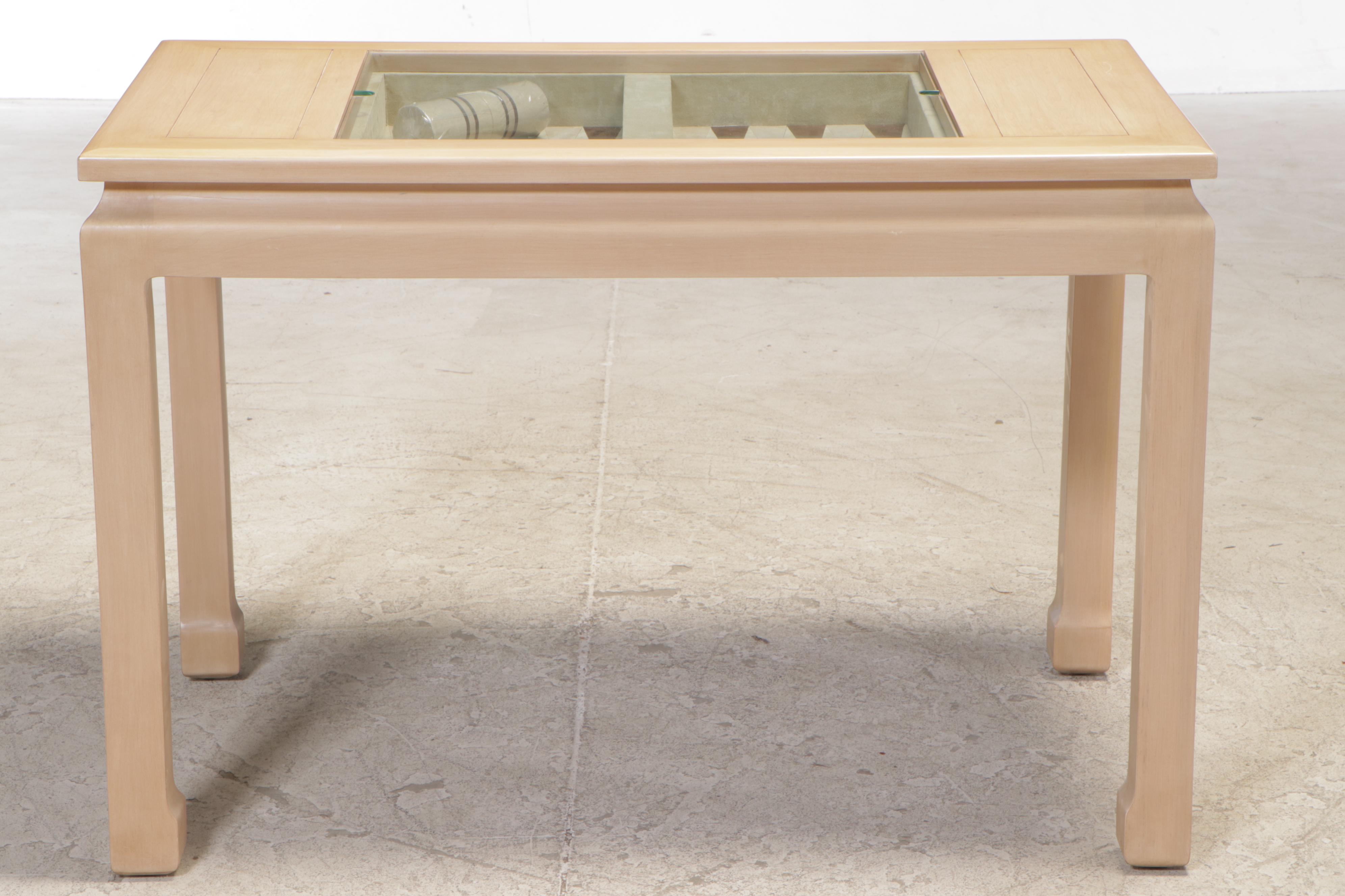 Chinese Style Blondewood and Glass Top Games Table with Leather Backgammon Board