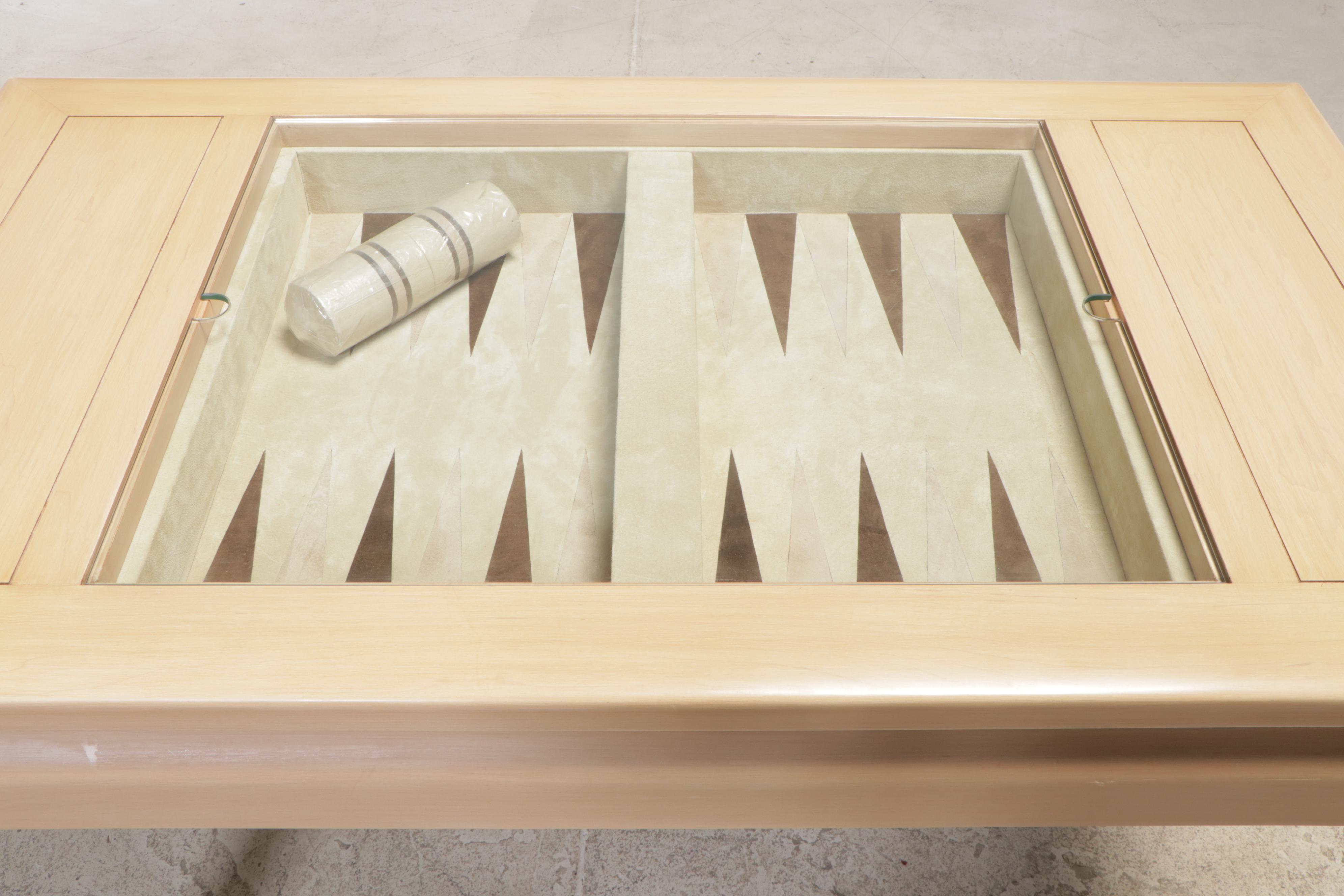 Chinese Style Blondewood and Glass Top Games Table with Leather Backgammon Board