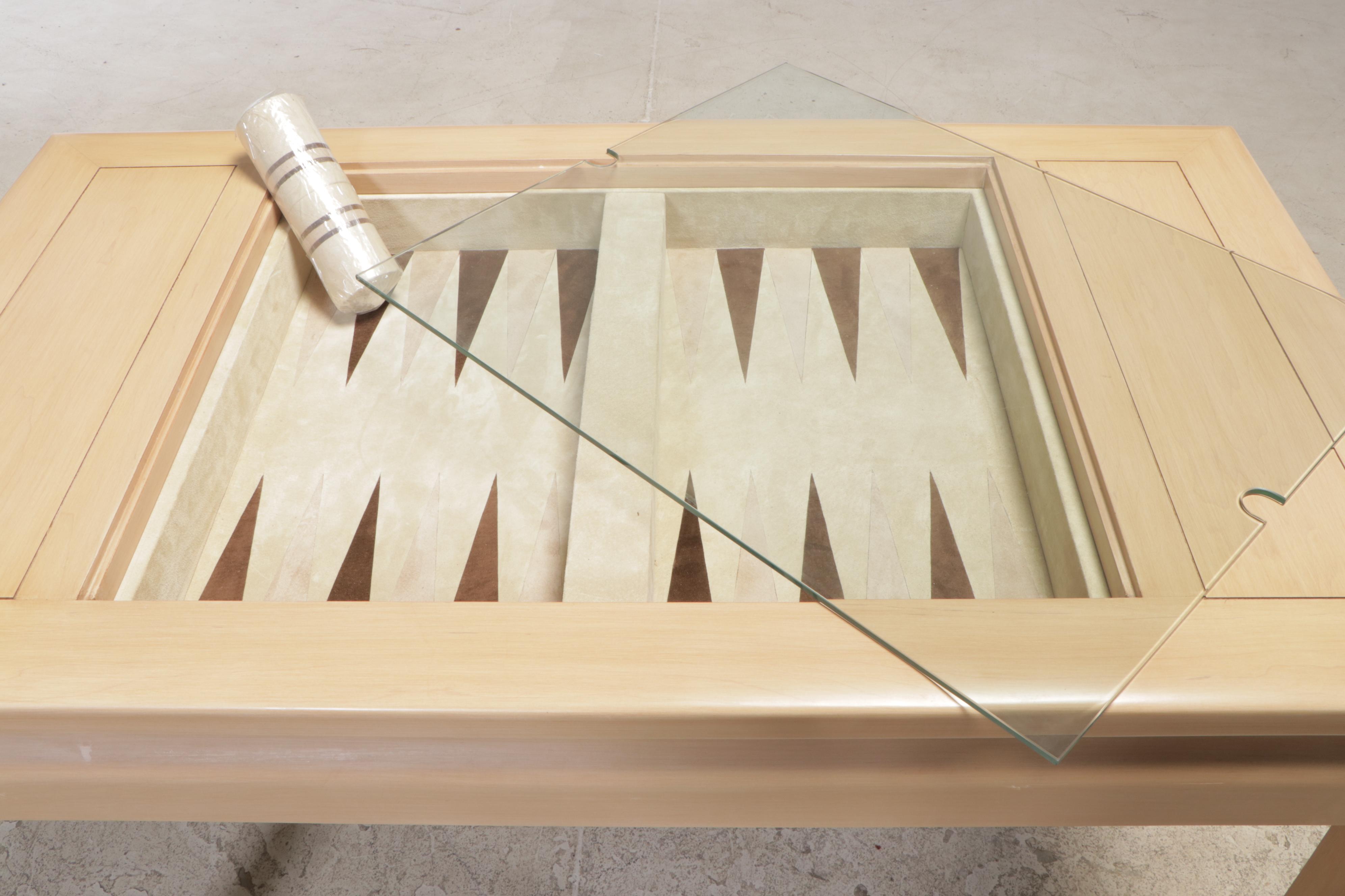 Chinese Style Blondewood and Glass Top Games Table with Leather Backgammon Board