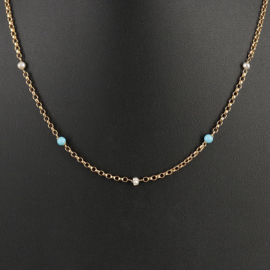 18K Turquoise and Pearl Station Necklace