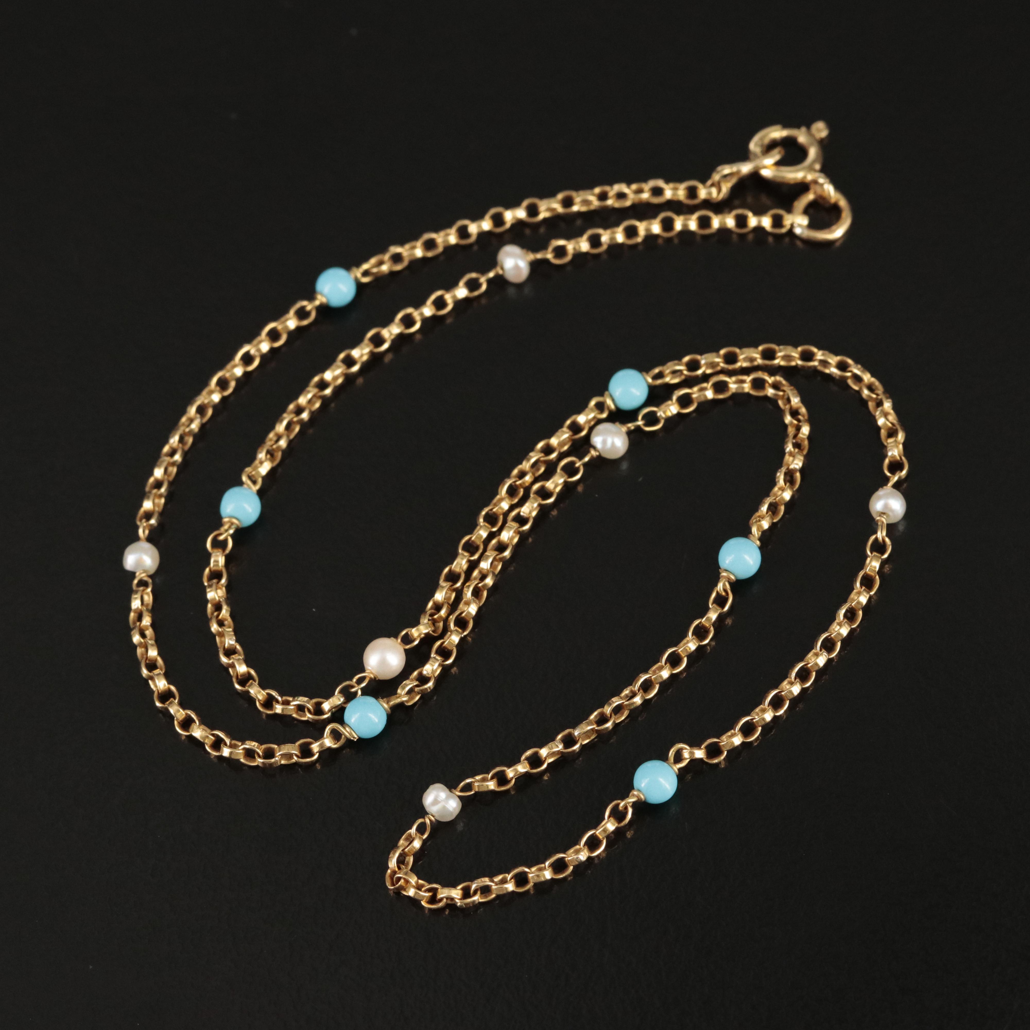 18K Turquoise and Pearl Station Necklace