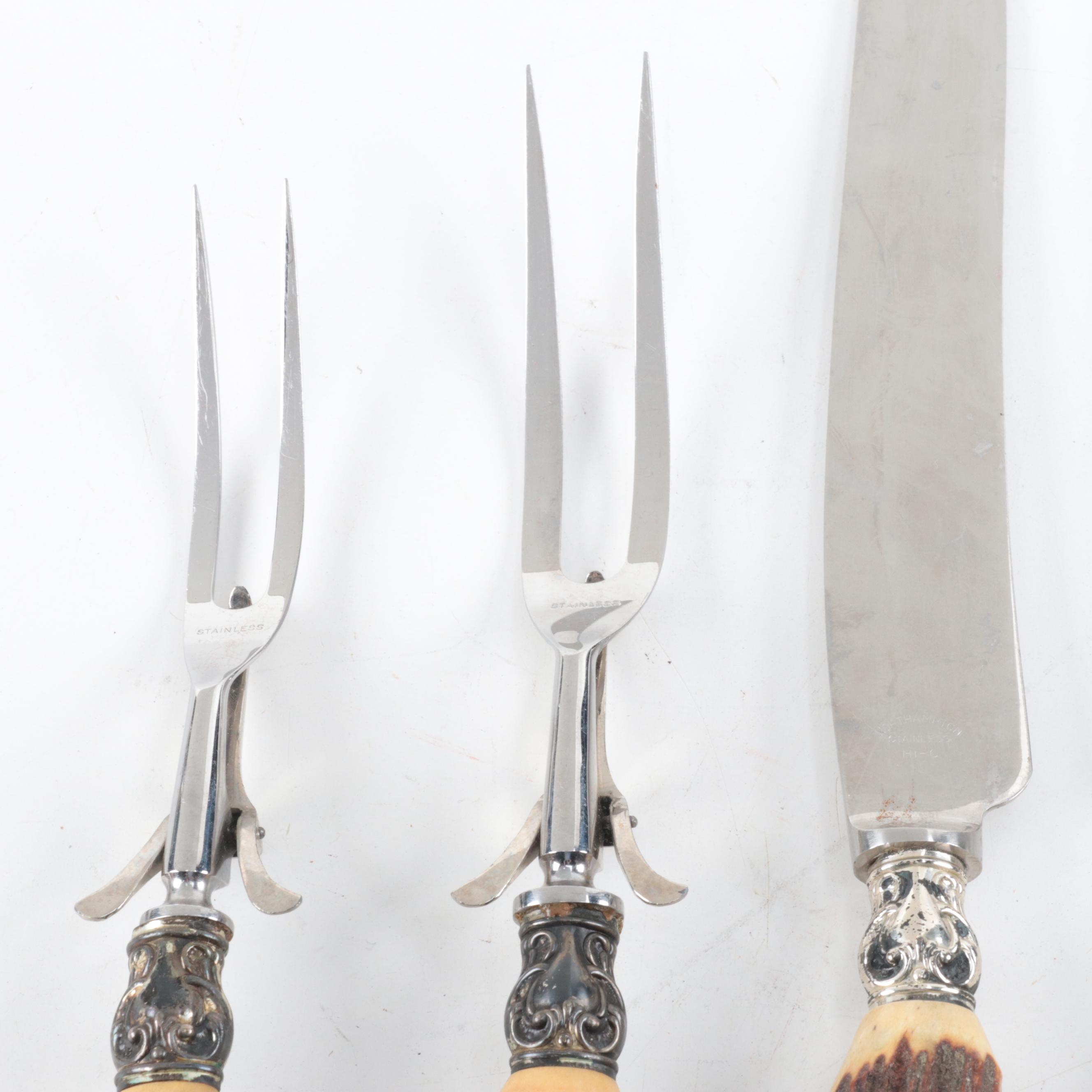 Northampton Five-Piece Sterling and Stainless Carving Set with Antler Handles