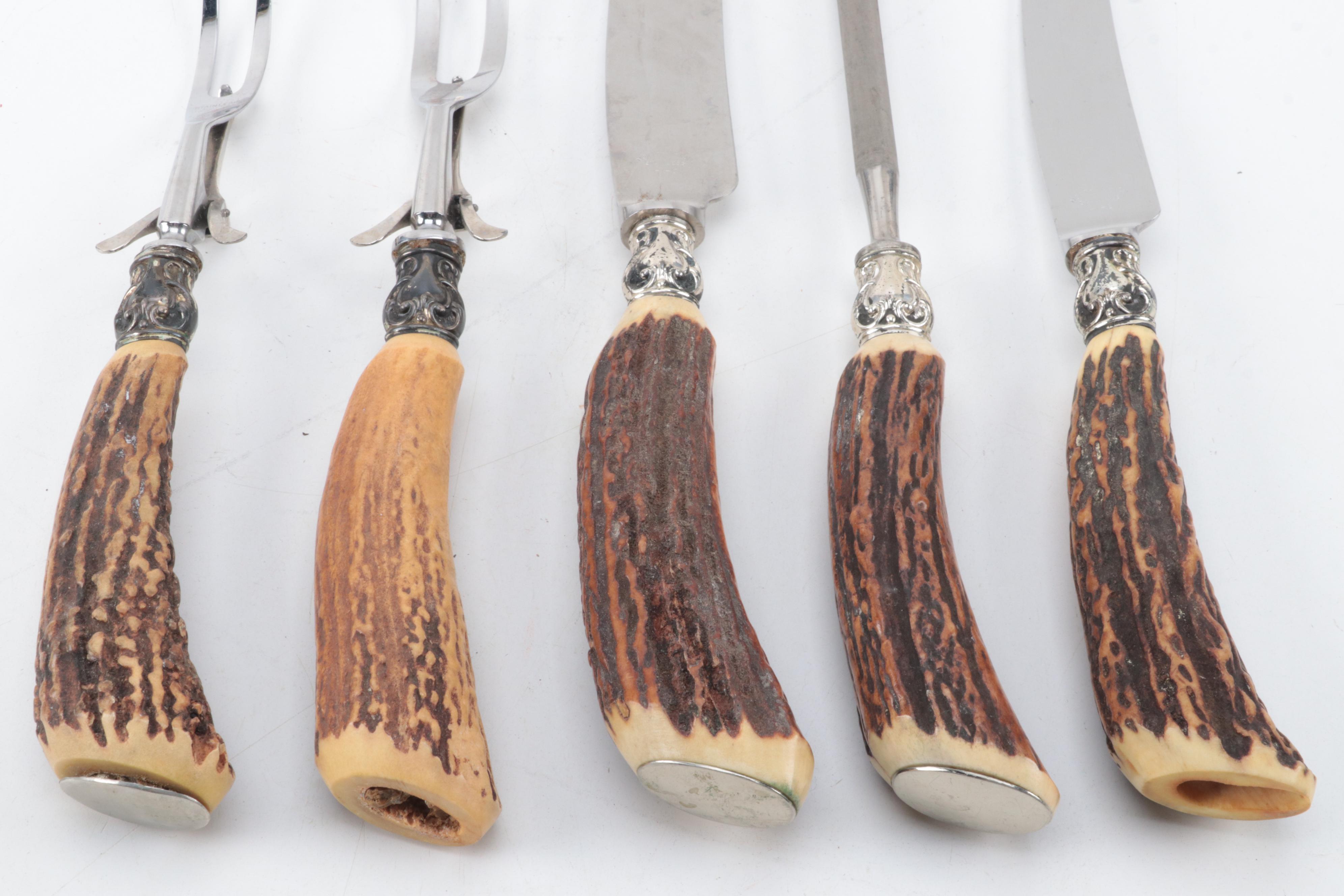 Northampton Five-Piece Sterling and Stainless Carving Set with Antler Handles