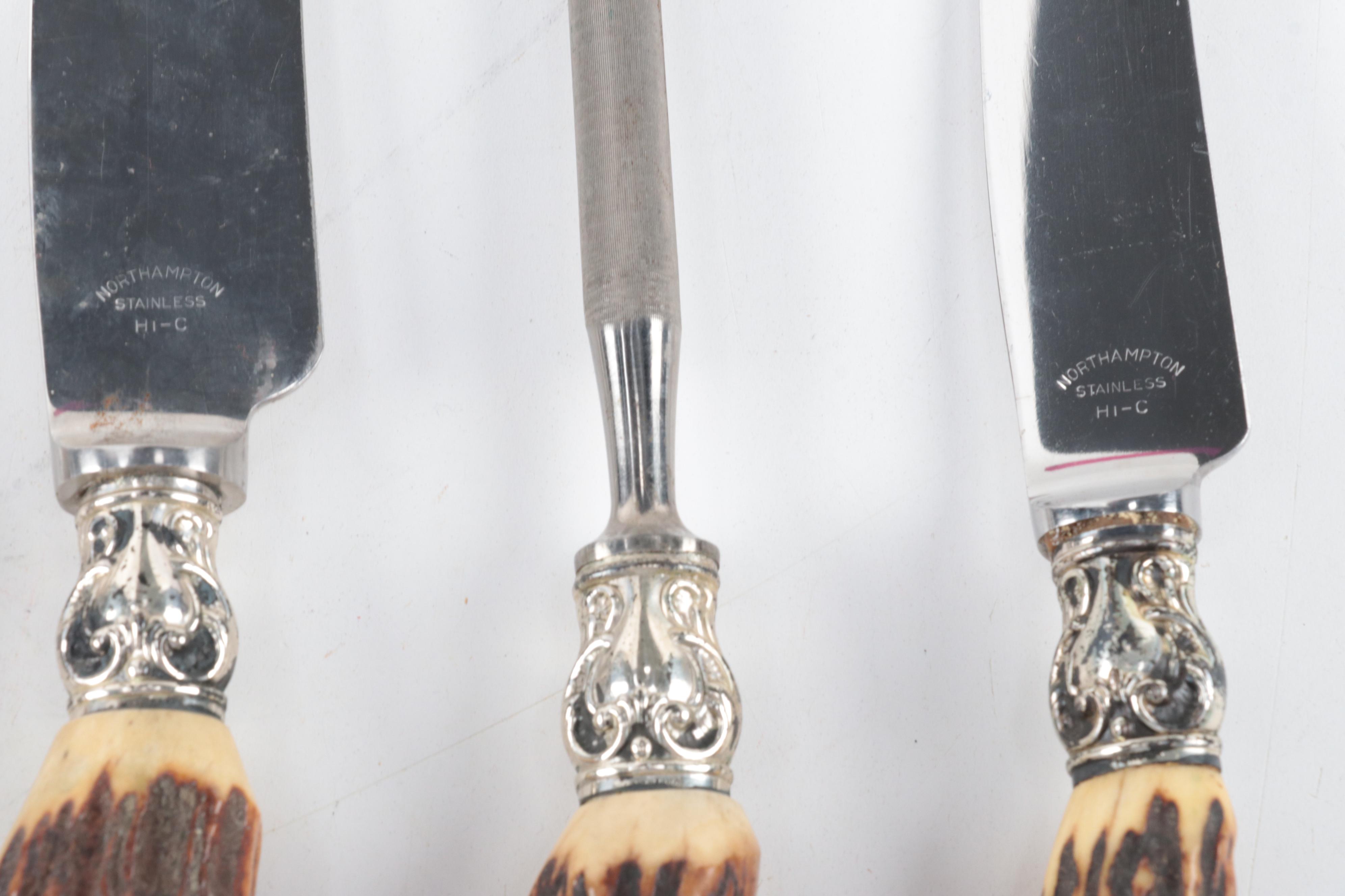 Northampton Five-Piece Sterling and Stainless Carving Set with Antler Handles
