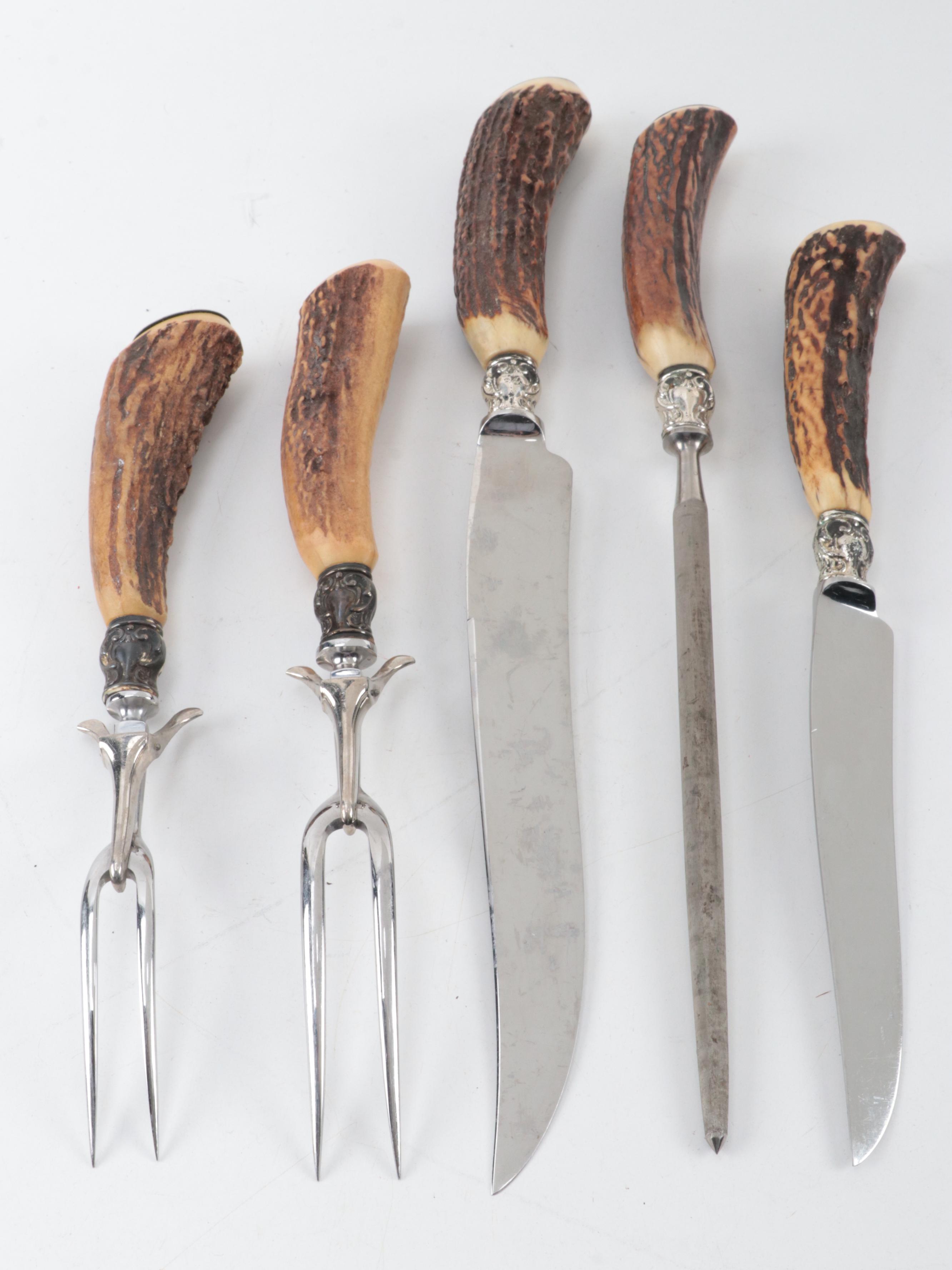 Northampton Five-Piece Sterling and Stainless Carving Set with Antler Handles