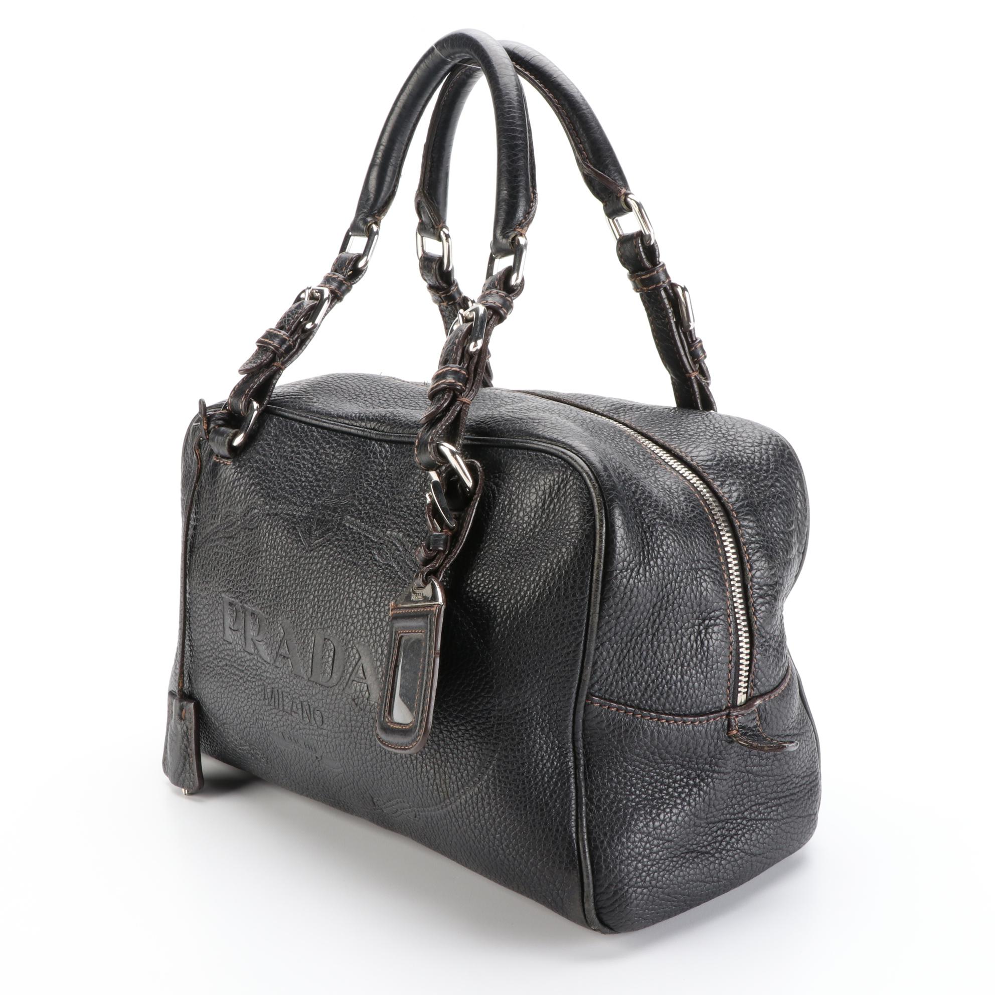 Prada Bauletto Zip Shoulder Bag in Logo-Embossed Black Deerskin Leather