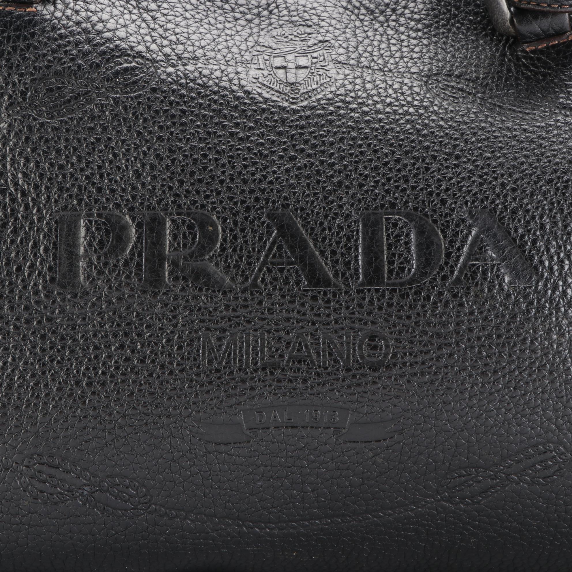 Prada Bauletto Zip Shoulder Bag in Logo-Embossed Black Deerskin Leather