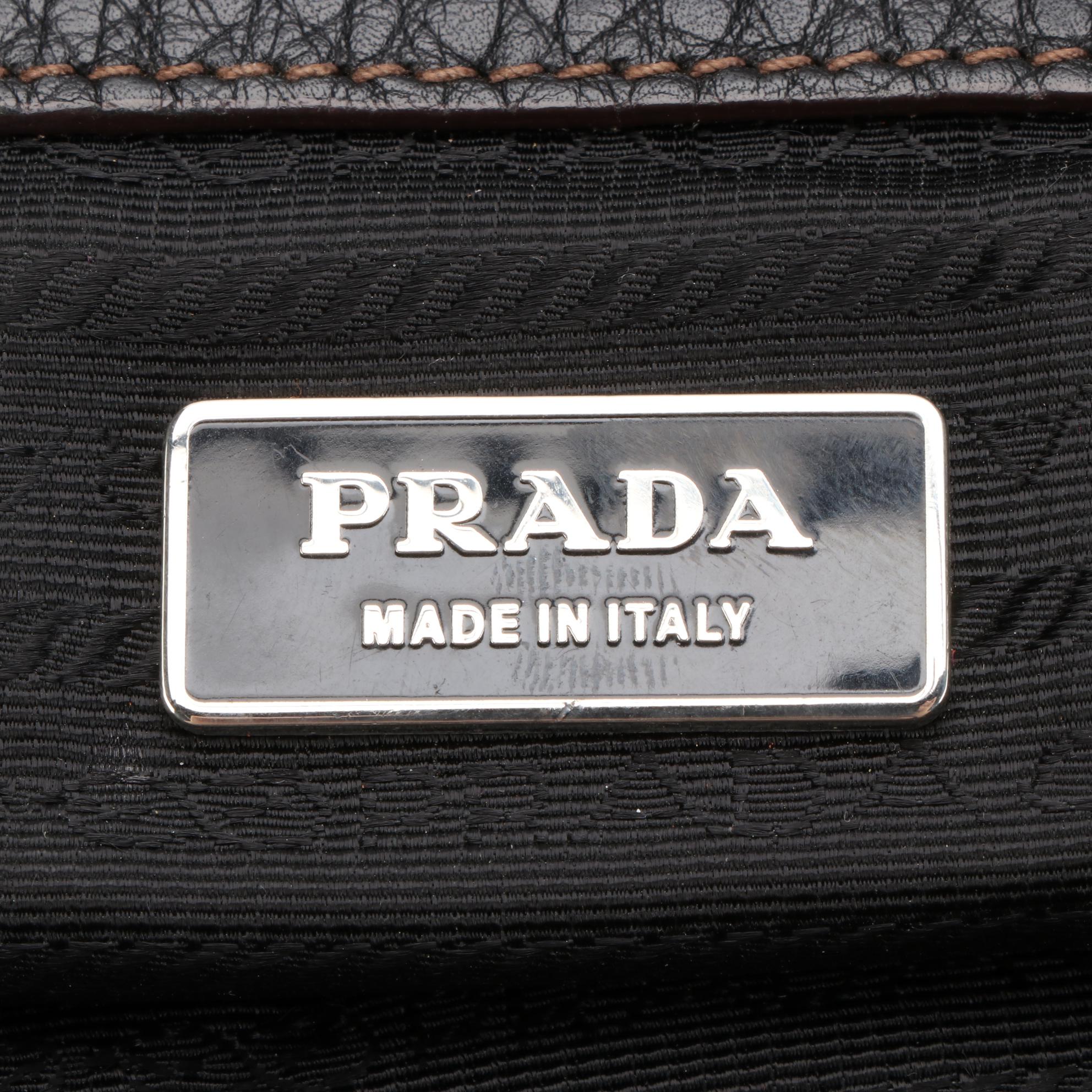 Prada Bauletto Zip Shoulder Bag in Logo-Embossed Black Deerskin Leather