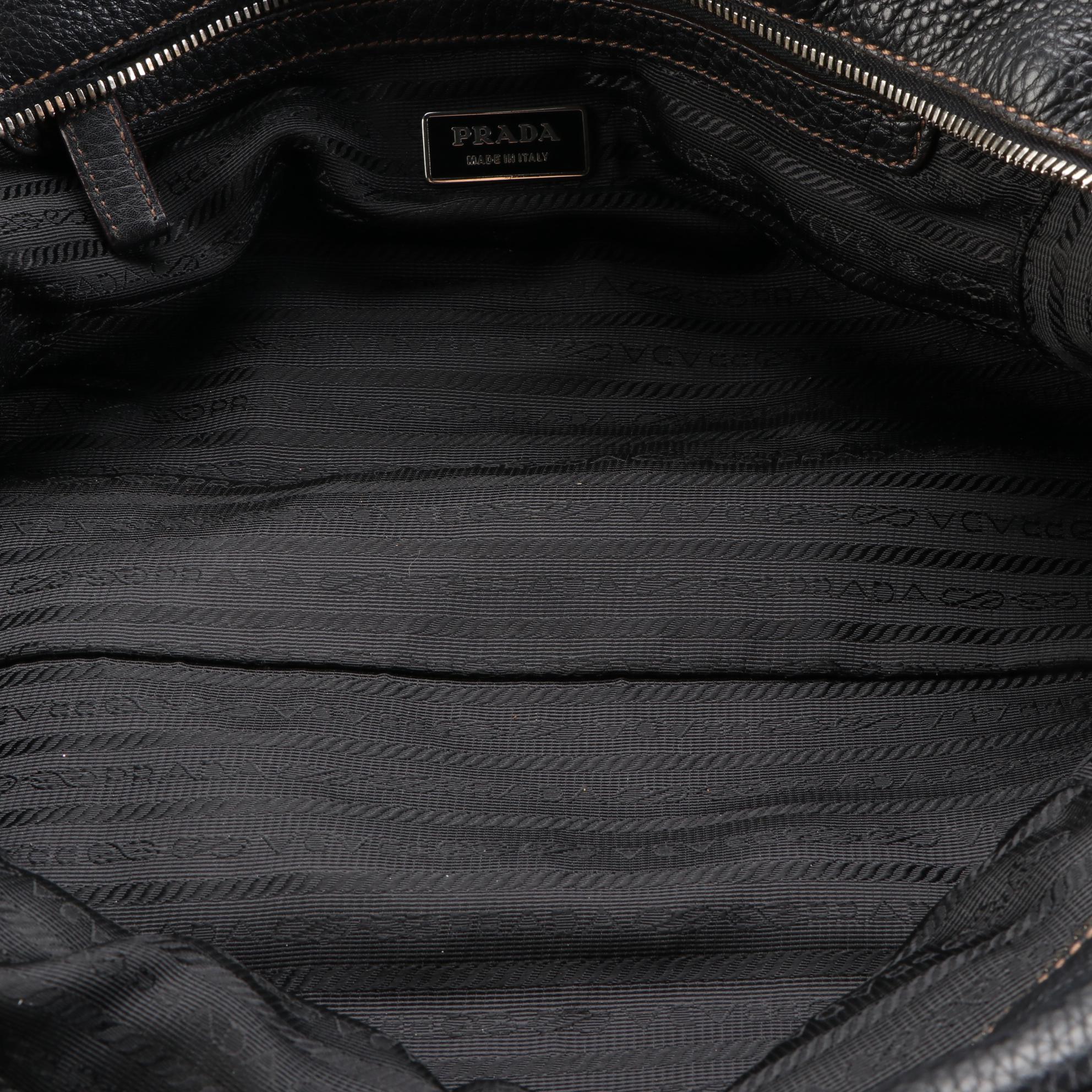 Prada Bauletto Zip Shoulder Bag in Logo-Embossed Black Deerskin Leather