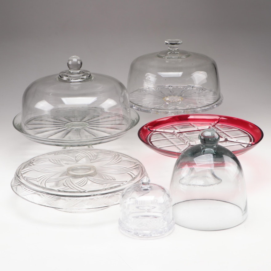 Footed Relish Plateau with Other Pressed Glass Cake Stands and Domes