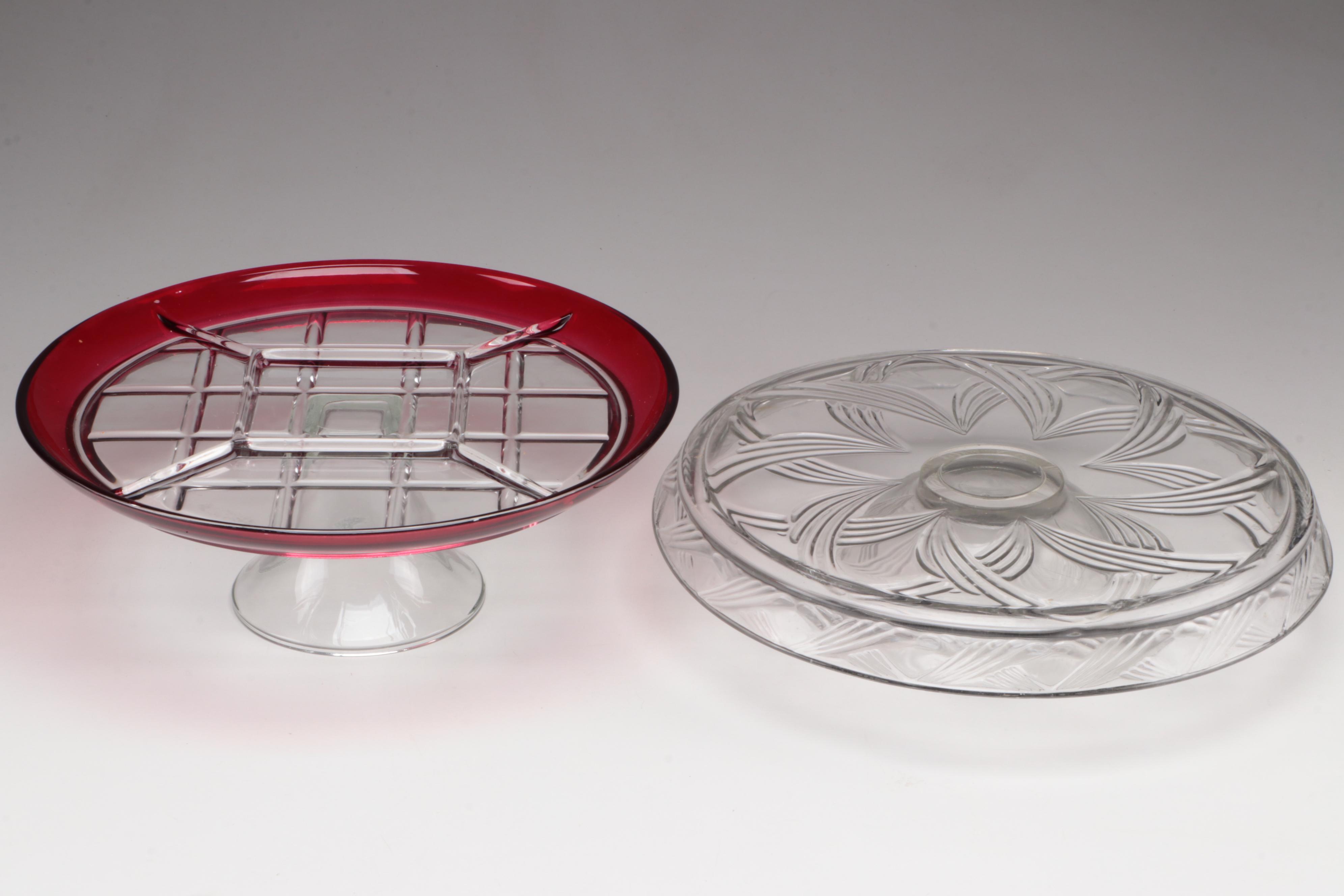 Footed Relish Plateau with Other Pressed Glass Cake Stands and Domes