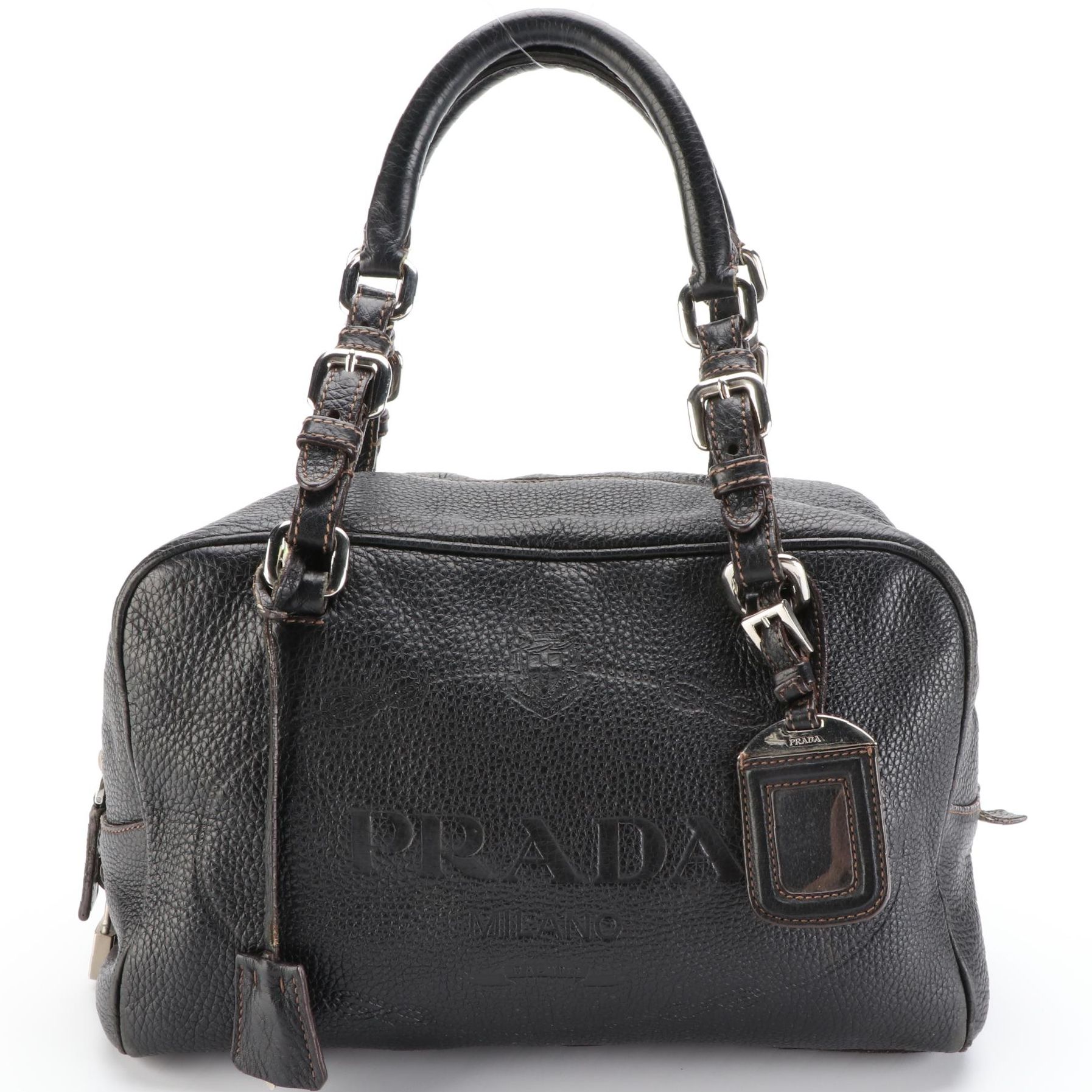 Prada Bauletto Zip Shoulder Bag in Logo-Embossed Black Deerskin Leather