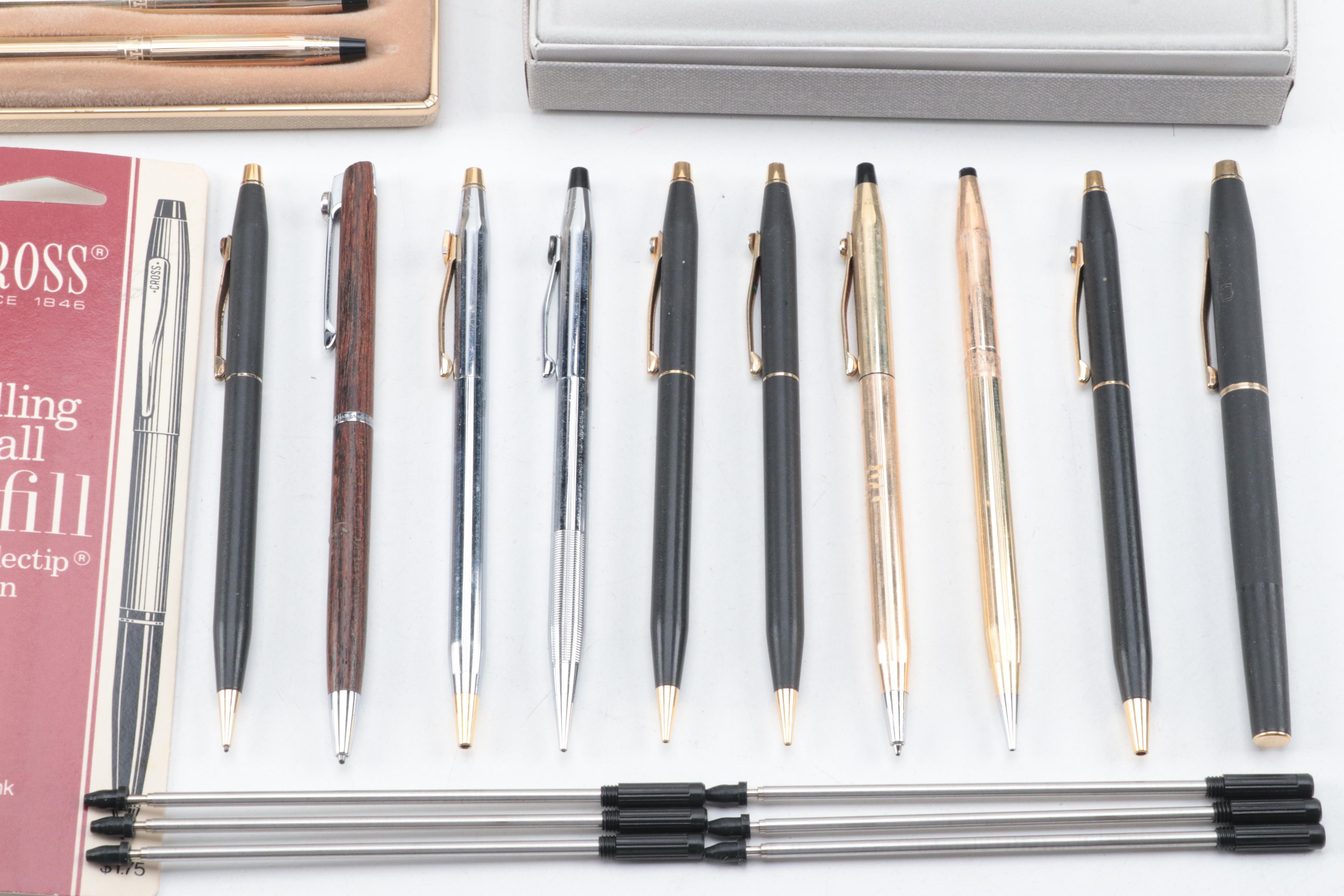 Cross, Pierre Cardin and Other Ballpoint Pens and Pencils with Seiko Desk Clock