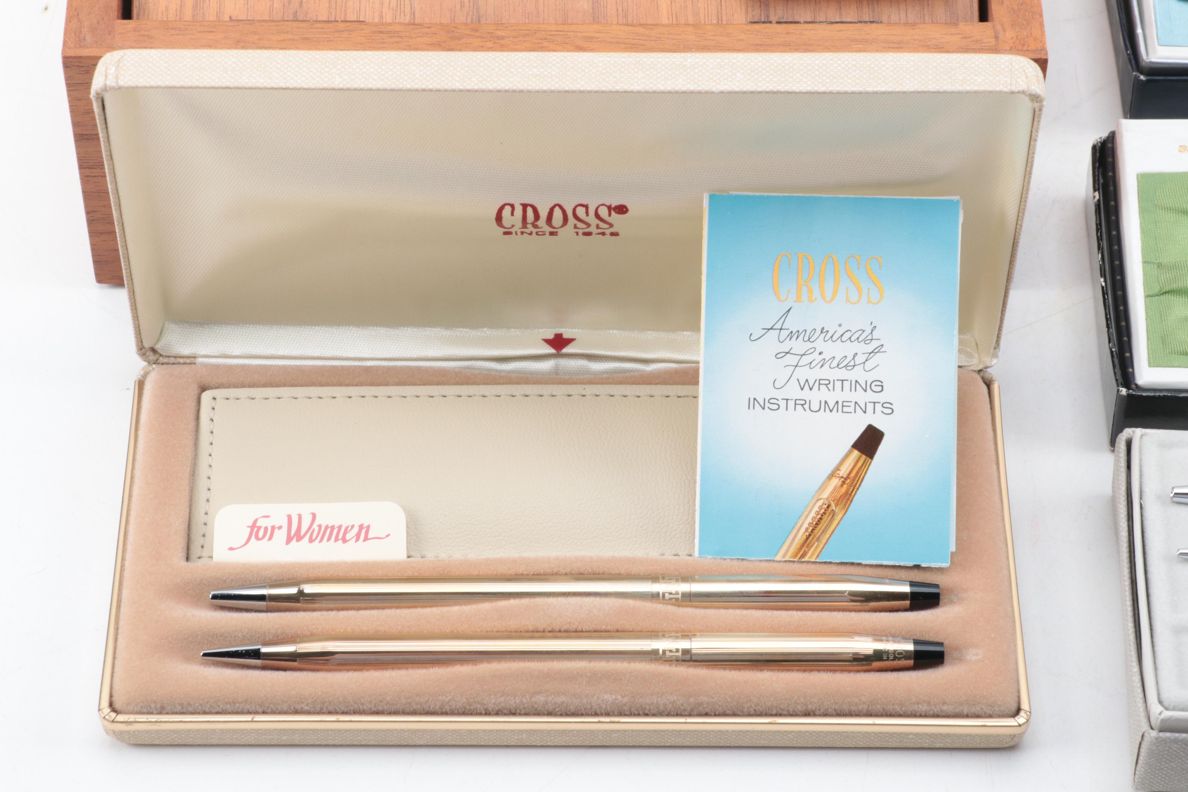 Cross, Pierre Cardin and Other Ballpoint Pens and Pencils with Seiko Desk Clock