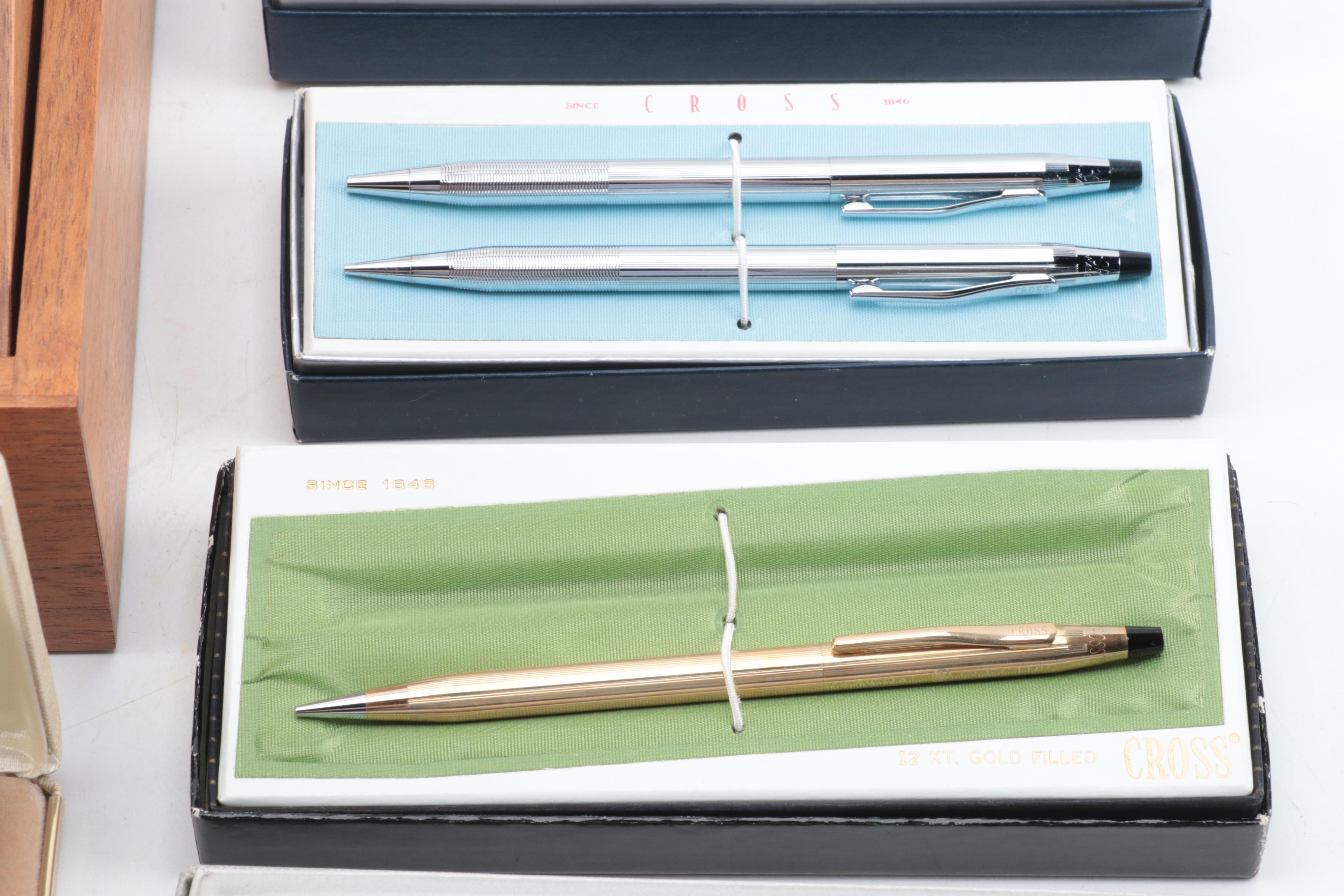 Cross, Pierre Cardin and Other Ballpoint Pens and Pencils with Seiko Desk Clock