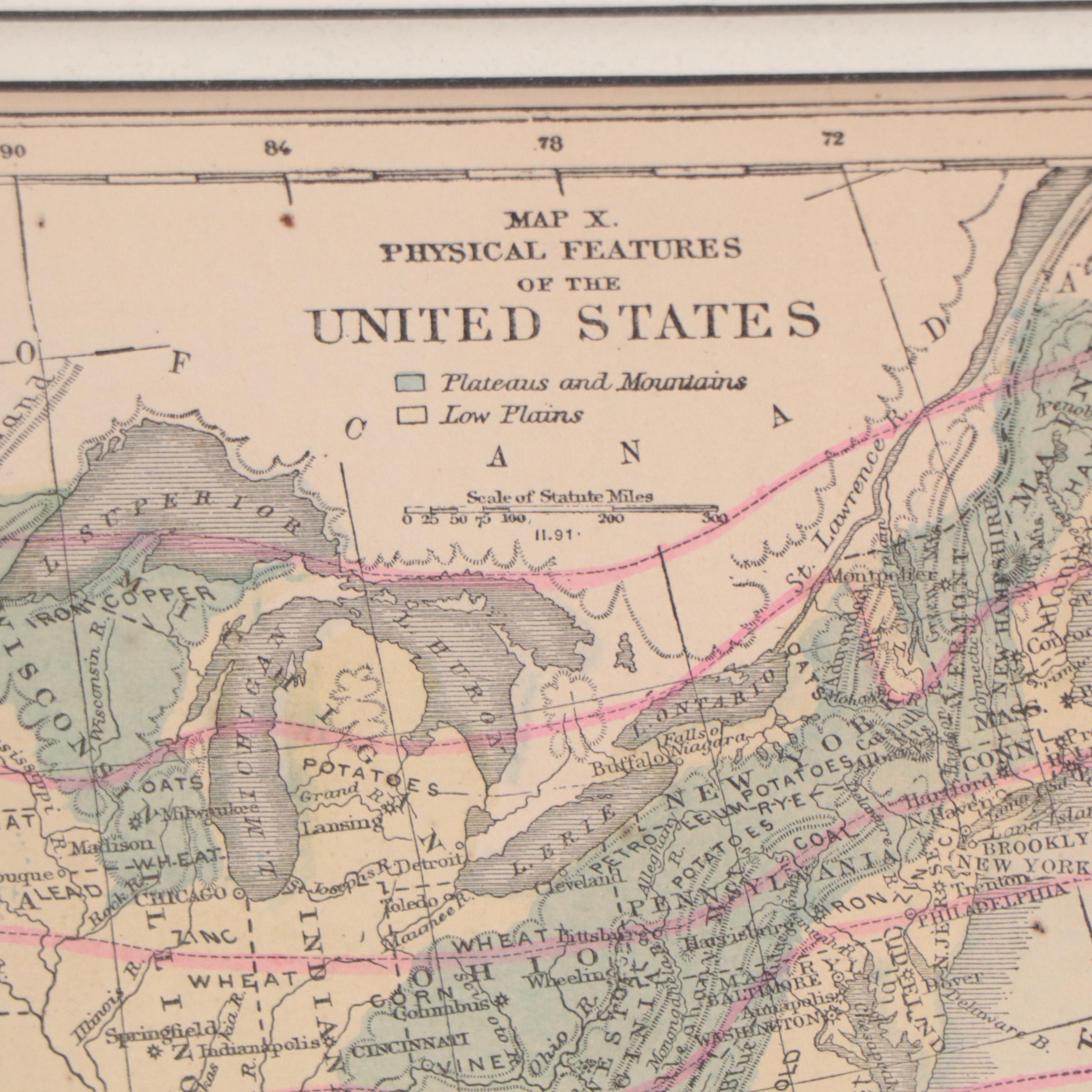 Wax Engraving Map "Map X - Physical Features of the United States," Circa 1870