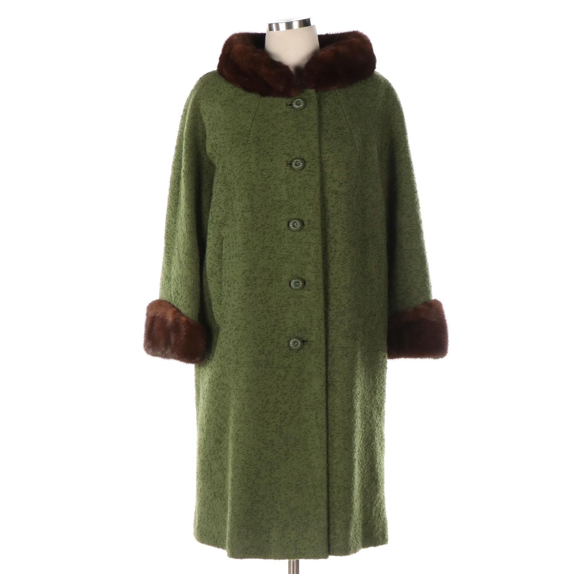Parkmoor Green Textured Wool Coat with Mink Fur Trim, Mid-20th Century