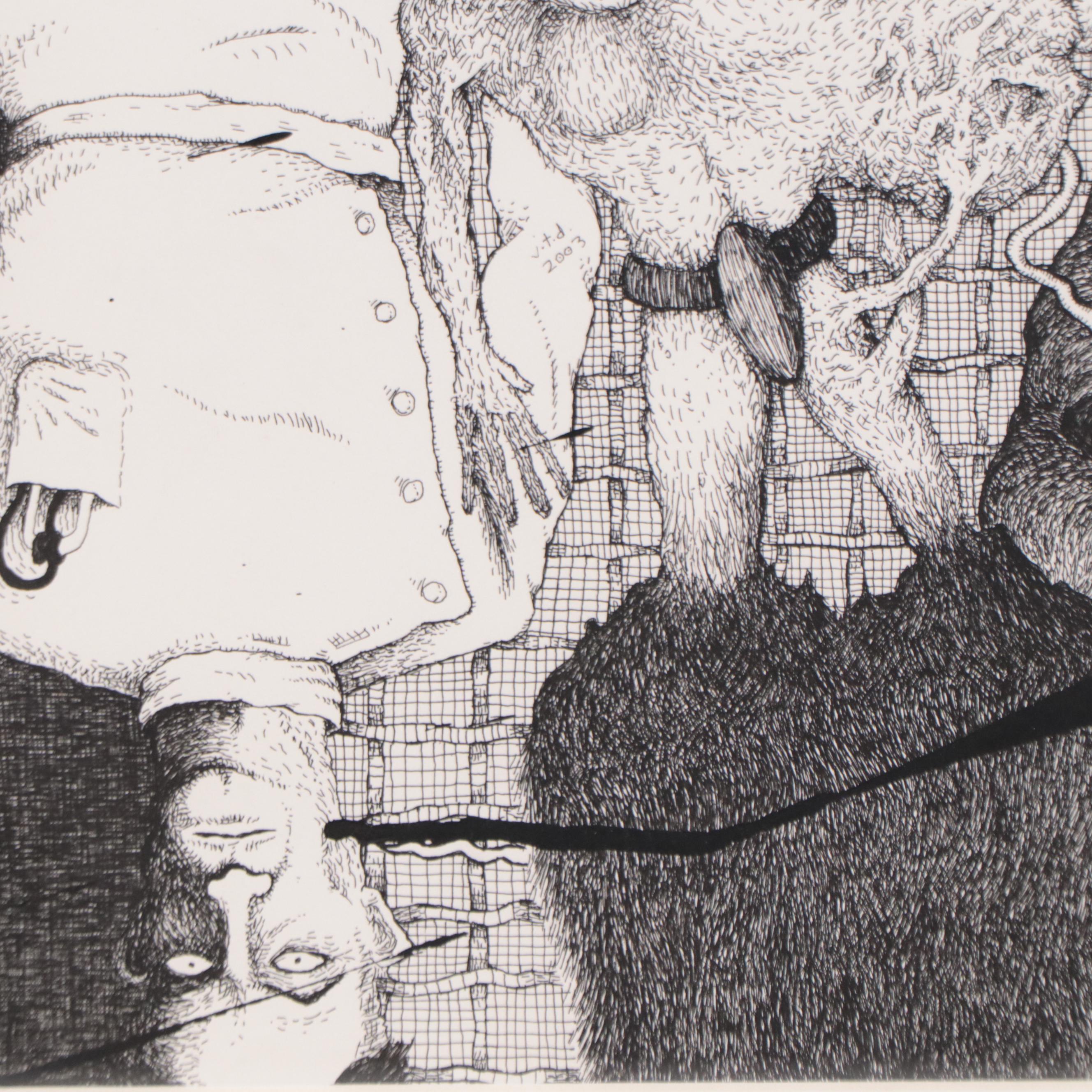 Surreal Pen and Ink Drawing "An Unfortunate Experiment Gone Awry"