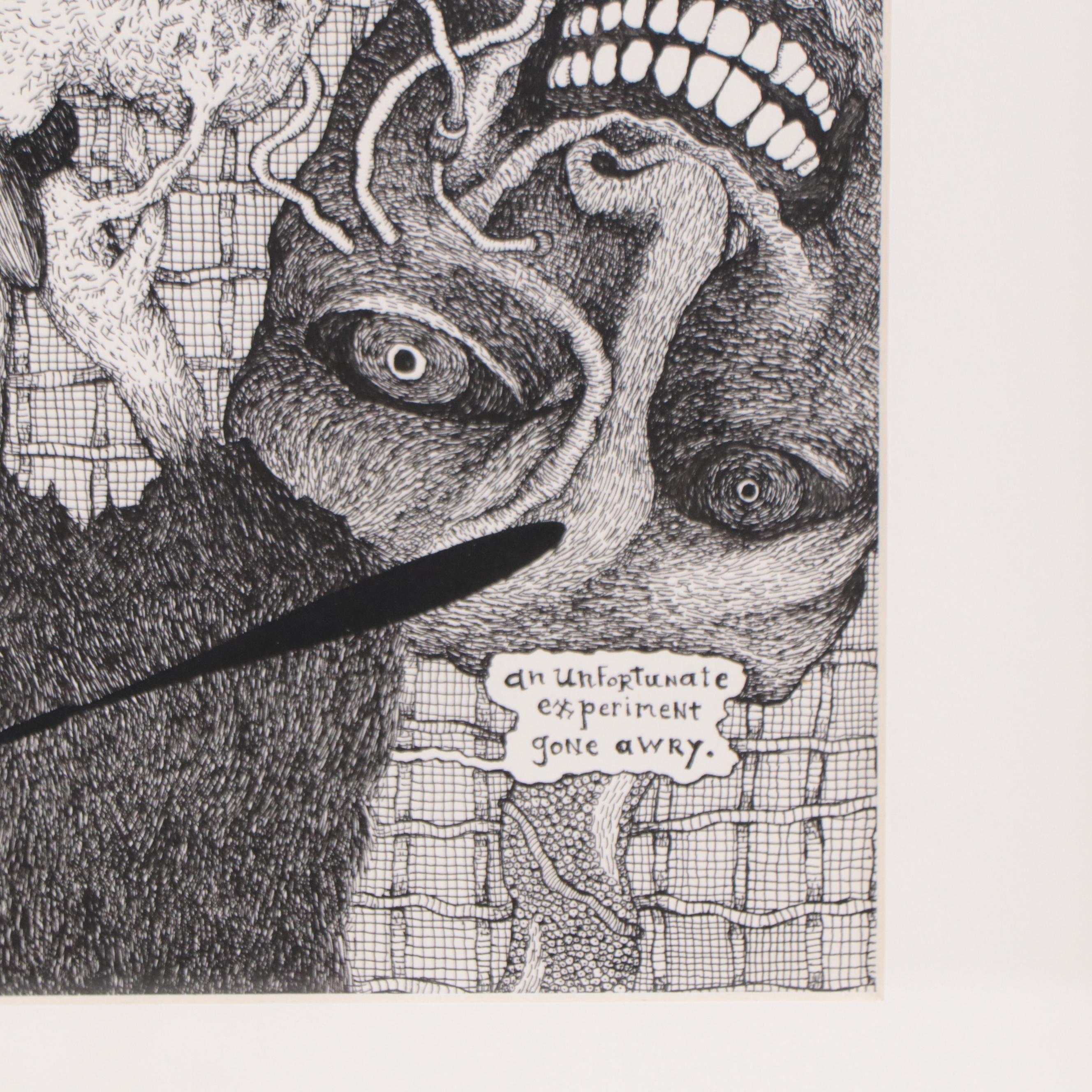 Surreal Pen and Ink Drawing "An Unfortunate Experiment Gone Awry"