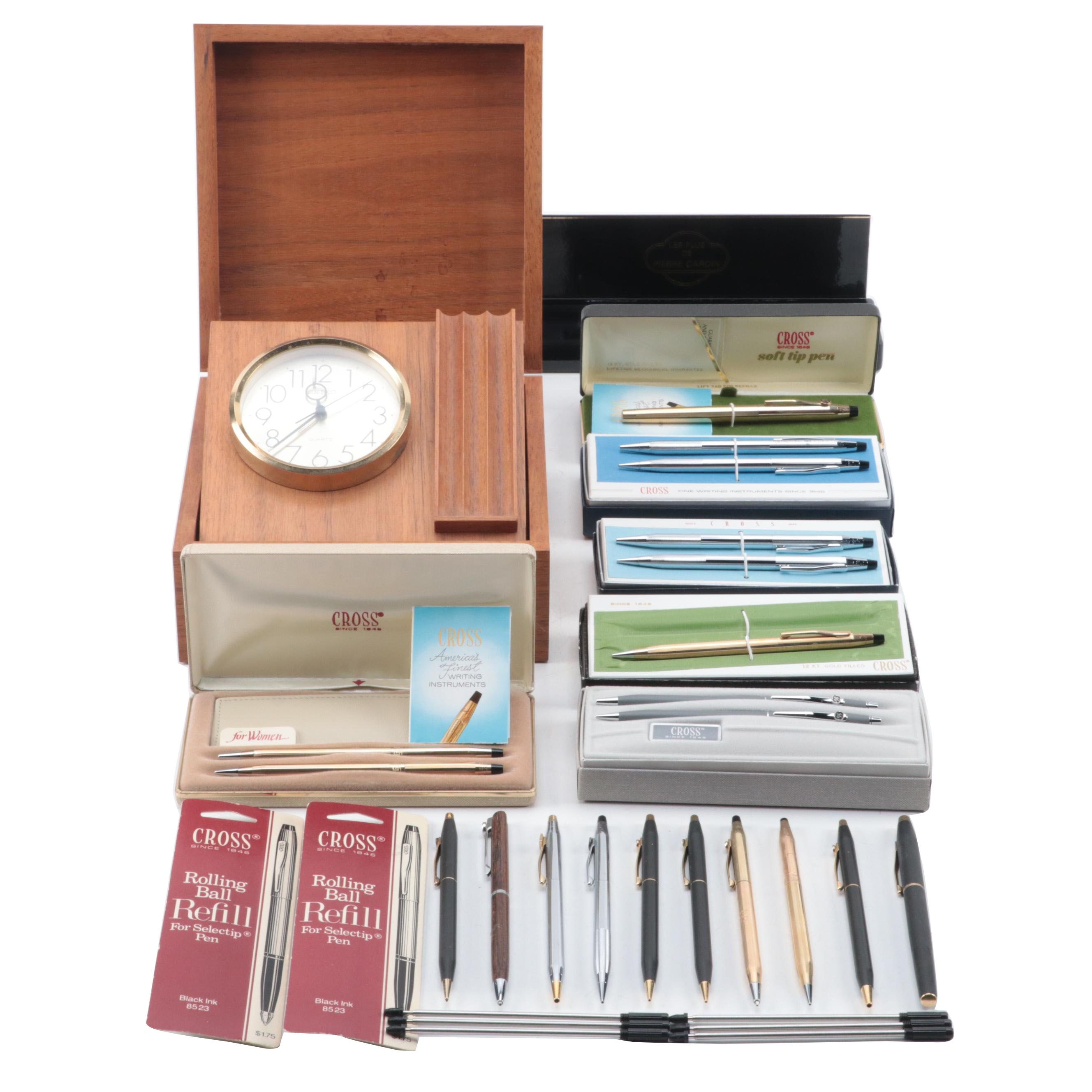 Cross, Pierre Cardin and Other Ballpoint Pens and Pencils with Seiko Desk Clock