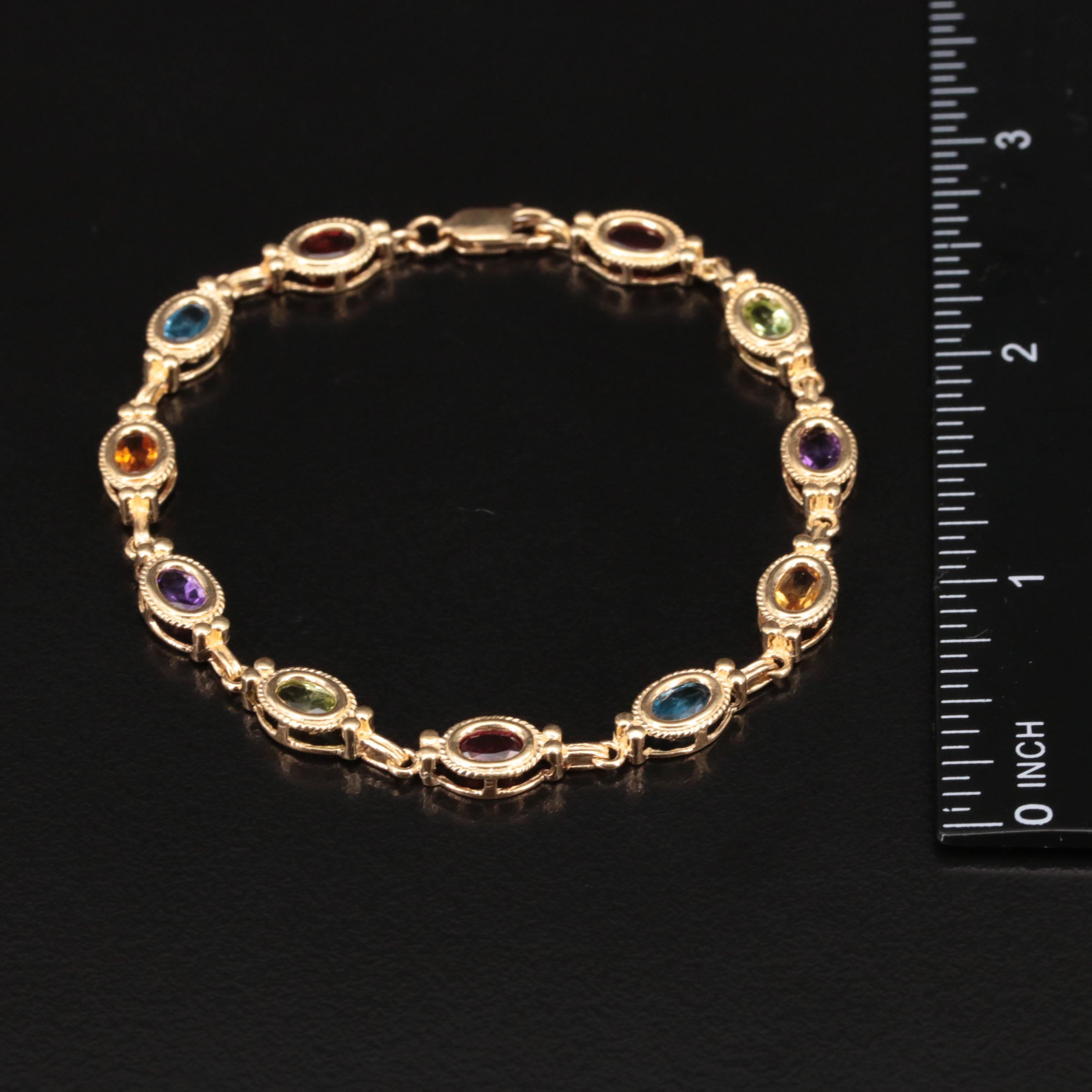 14K Citrine, Peridot, Garnet. Topaz and Amethyst Bracelet