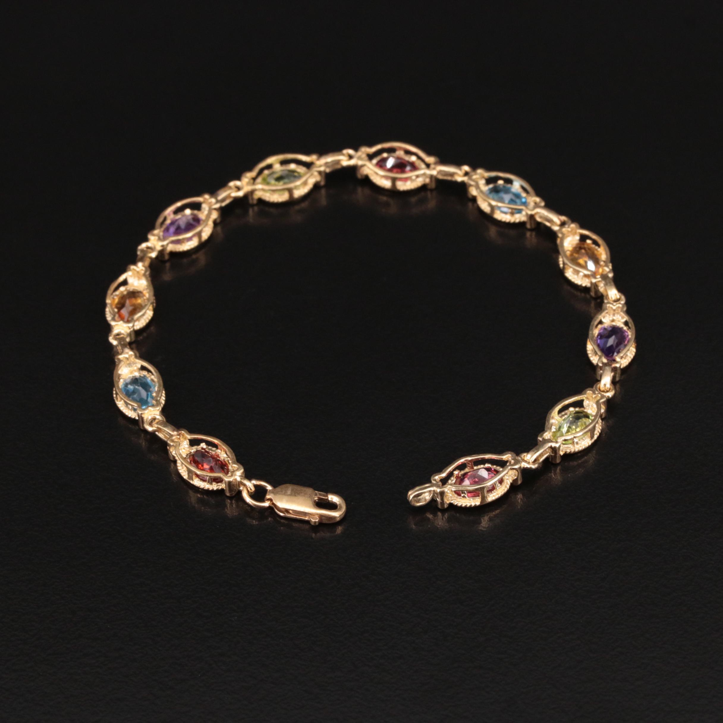 14K Citrine, Peridot, Garnet. Topaz and Amethyst Bracelet