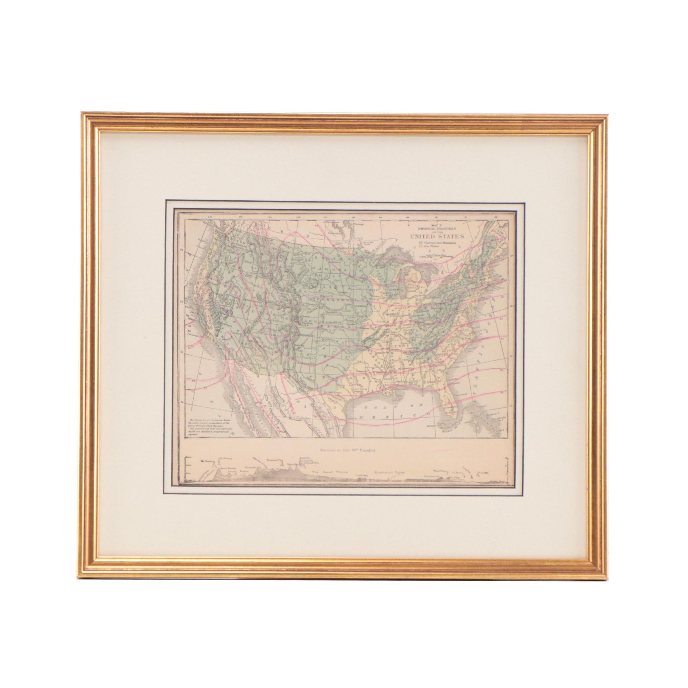 Wax Engraving Map "Map X - Physical Features of the United States," Circa 1870