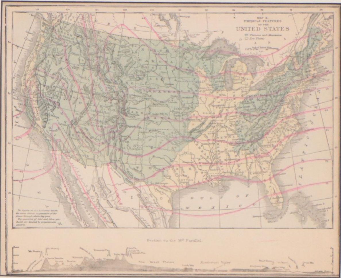 Wax Engraving Map "Map X - Physical Features of the United States," Circa 1870