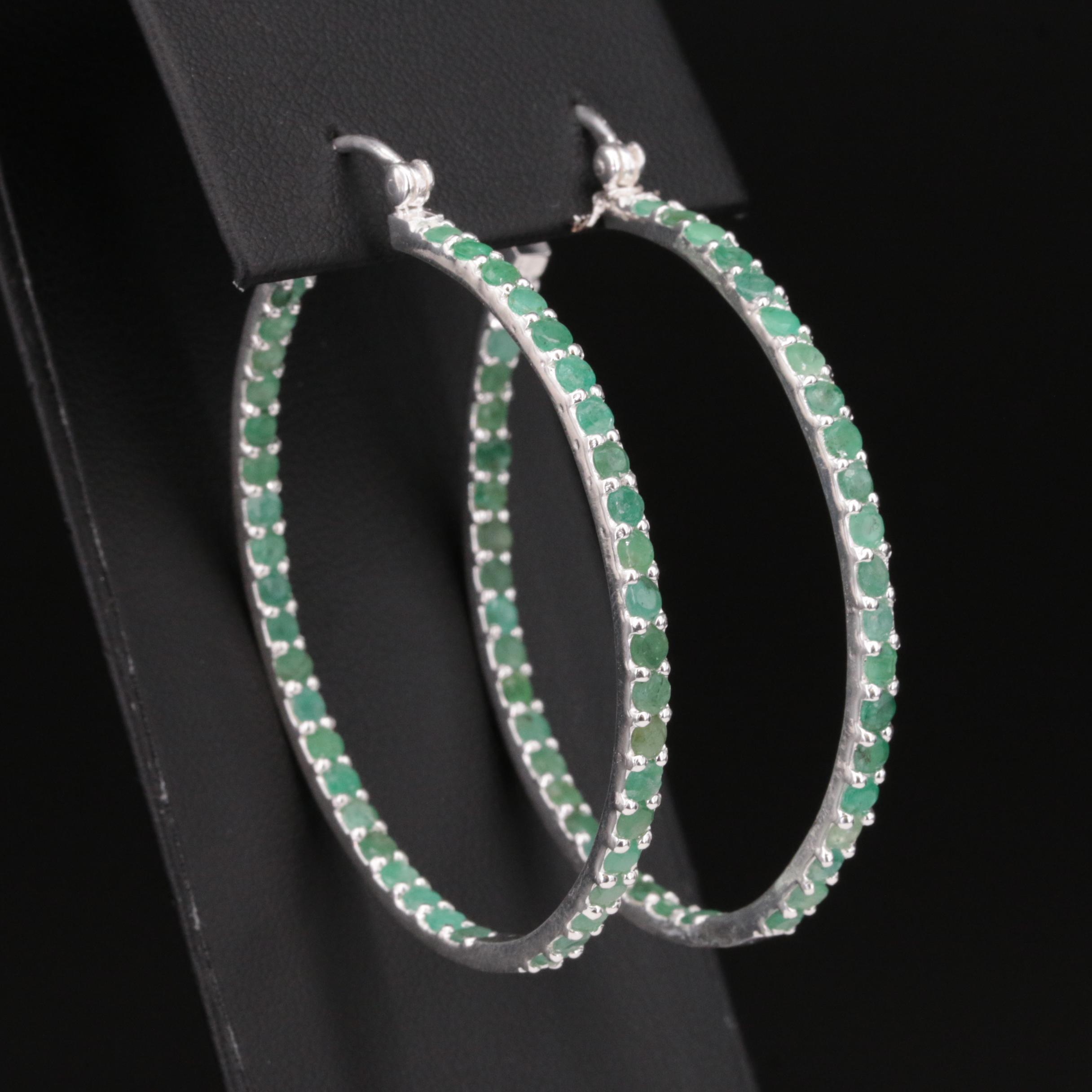 Sterling and Emerald Inside-Out Elongated Hoop Earrings