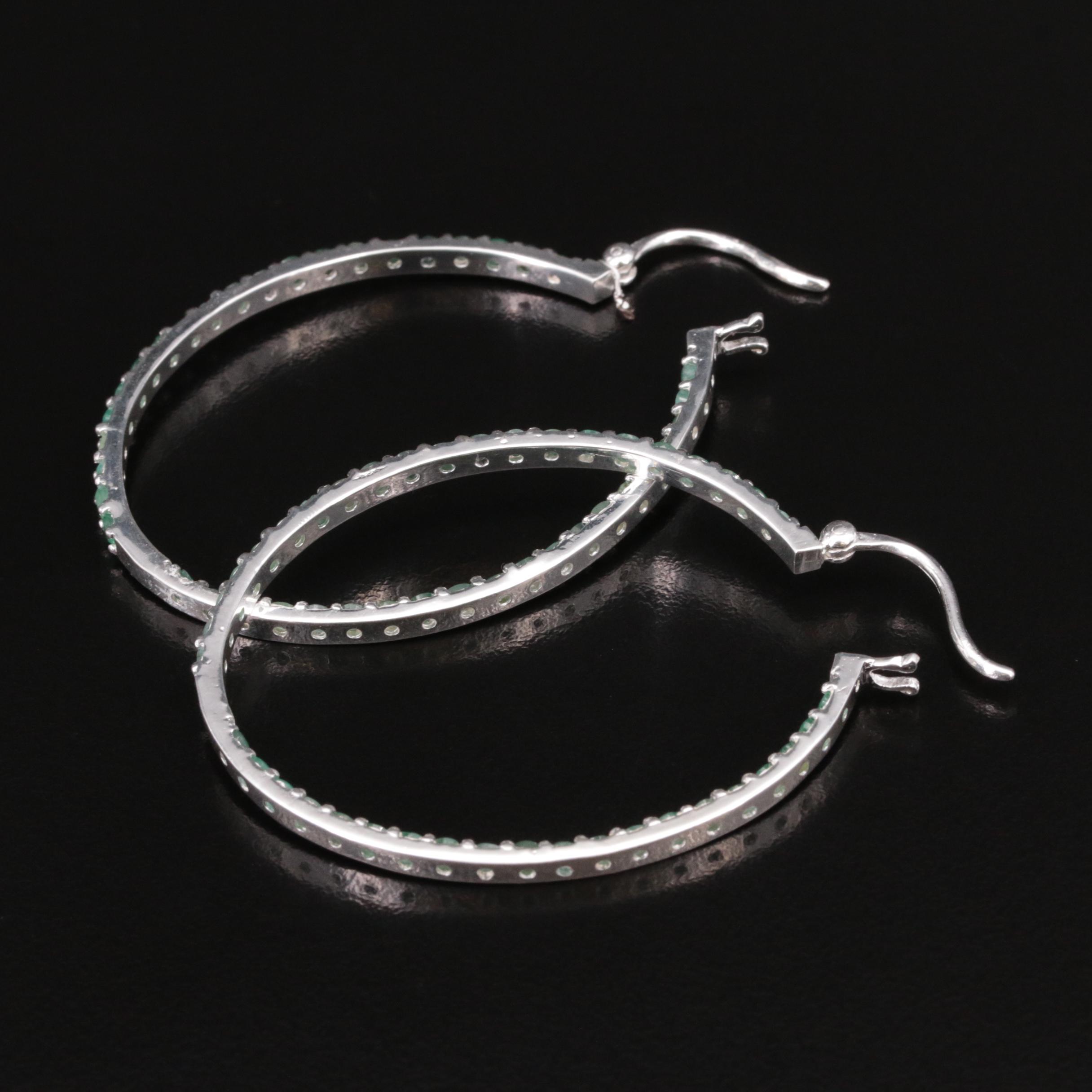 Sterling and Emerald Inside-Out Elongated Hoop Earrings