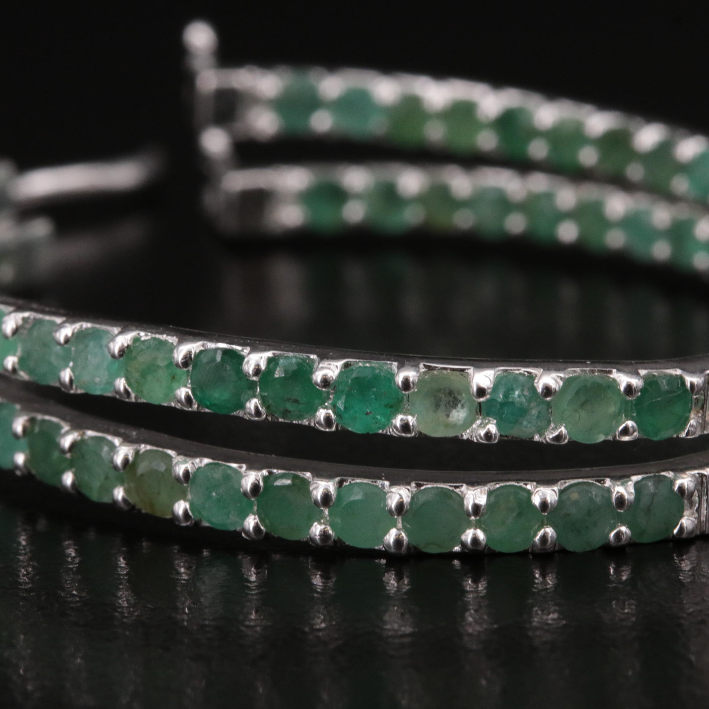 Sterling and Emerald Inside-Out Elongated Hoop Earrings