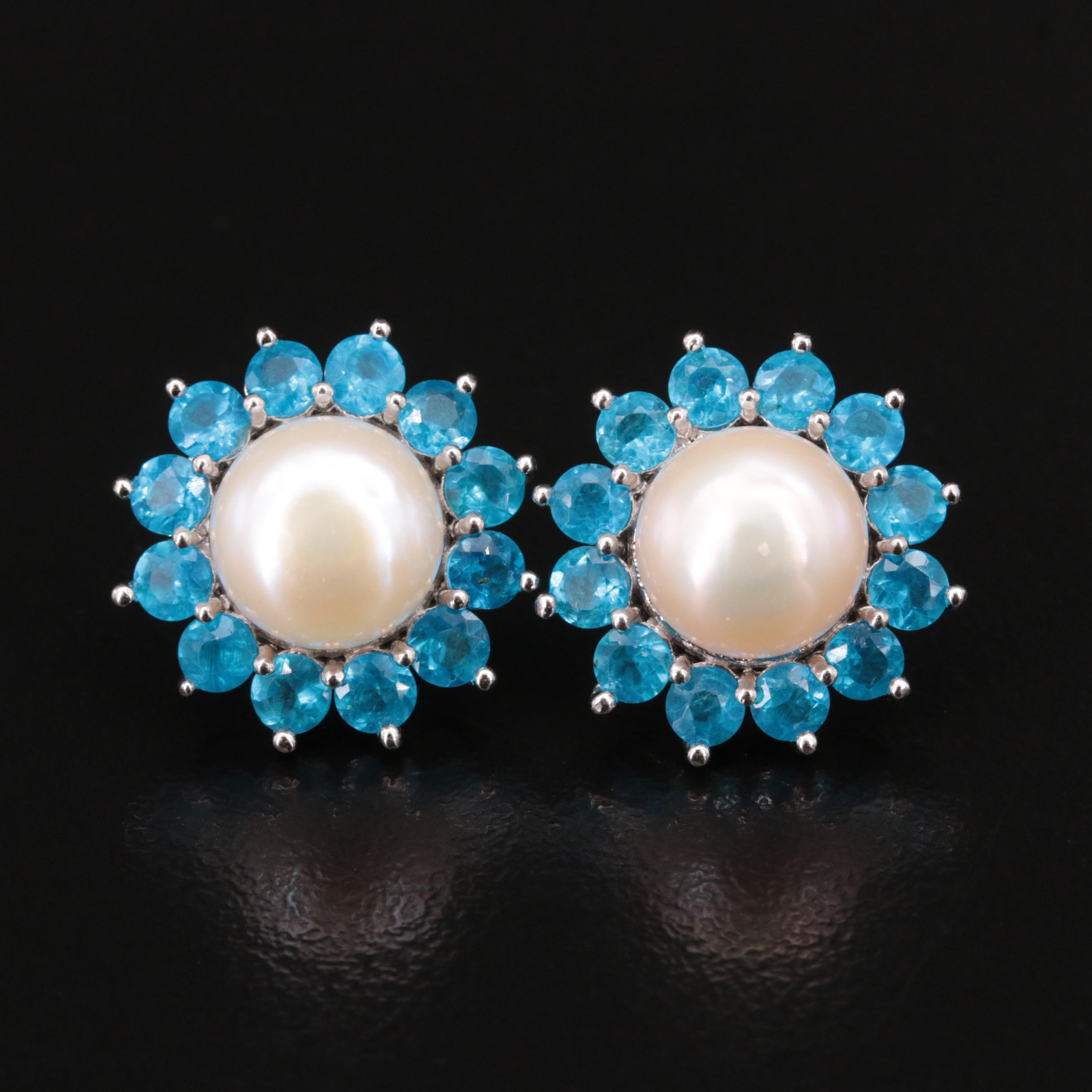 Sterling Pearl and Apatite Sunburst Halo Stud Earrings