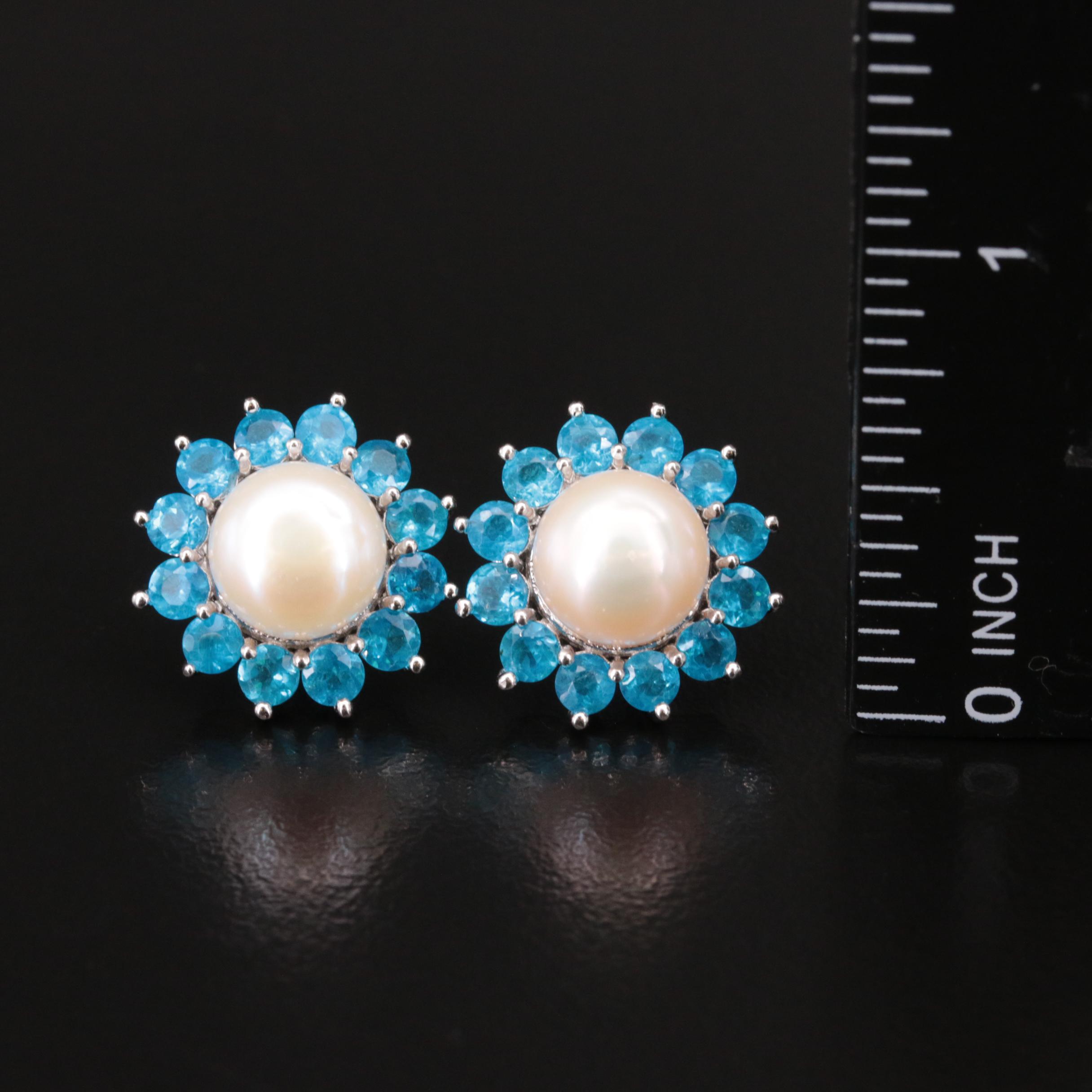 Sterling Pearl and Apatite Sunburst Halo Stud Earrings