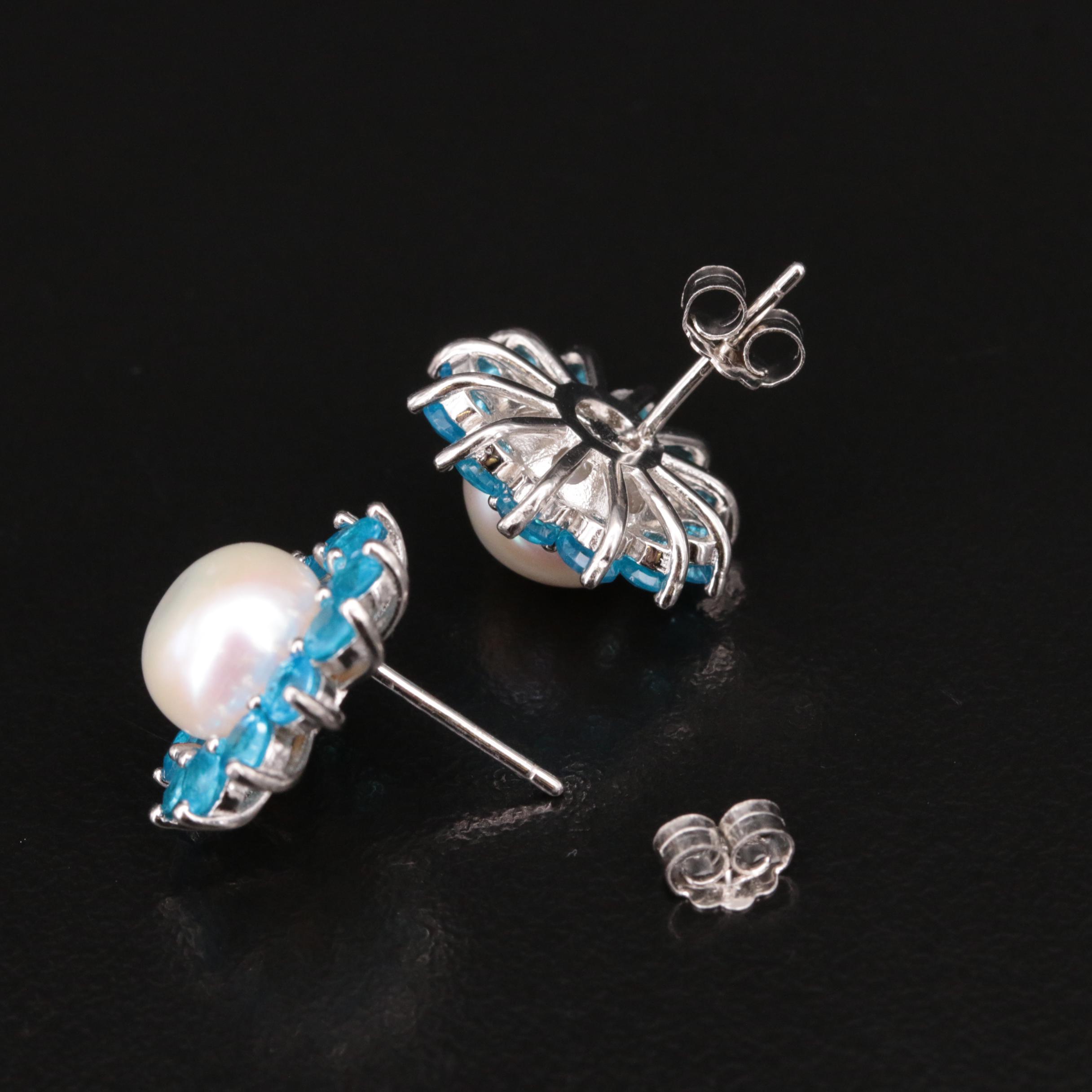 Sterling Pearl and Apatite Sunburst Halo Stud Earrings